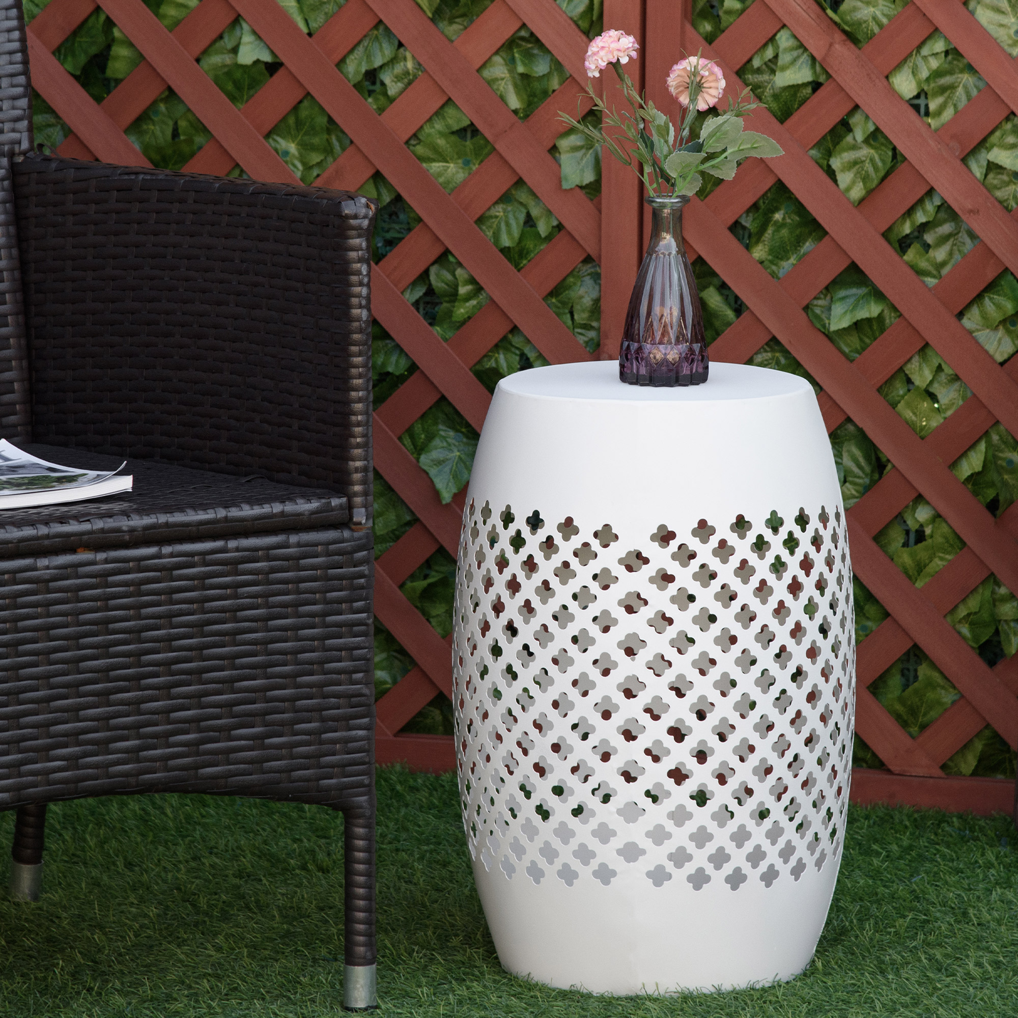 12" Steel Patio End Table, Round Hollow Drum Side Table, Accent Table for Indoor and Outdoor, White - Image 6