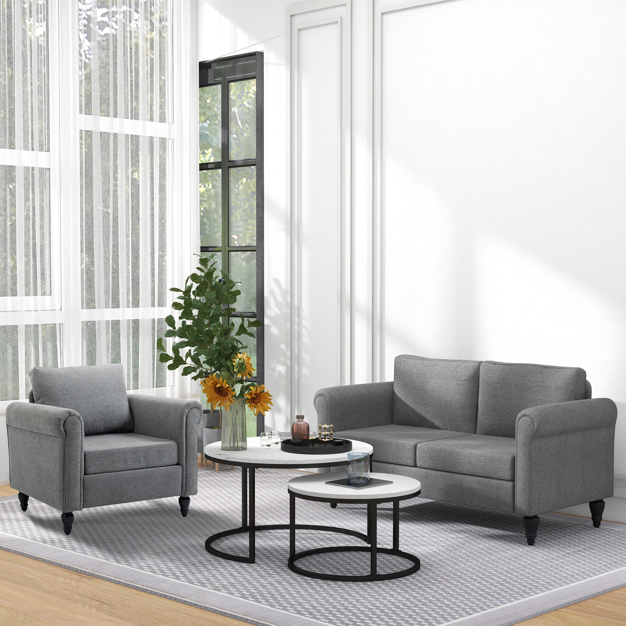 Vintage Loveseat, Upholstered Love Seat Furniture, Chenille-feel Fabric 2 Seater Sofa Couch with Rolled Arms, Gourd-Shaped Rubber Wood Legs for Living Room, Light Grey - Image 5
