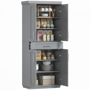 72" Storage Cabinet, Freestanding Kitchen Pantry Cabinet with 4 Doors, Drawer and 3 Adjustable Shelves, Grey
