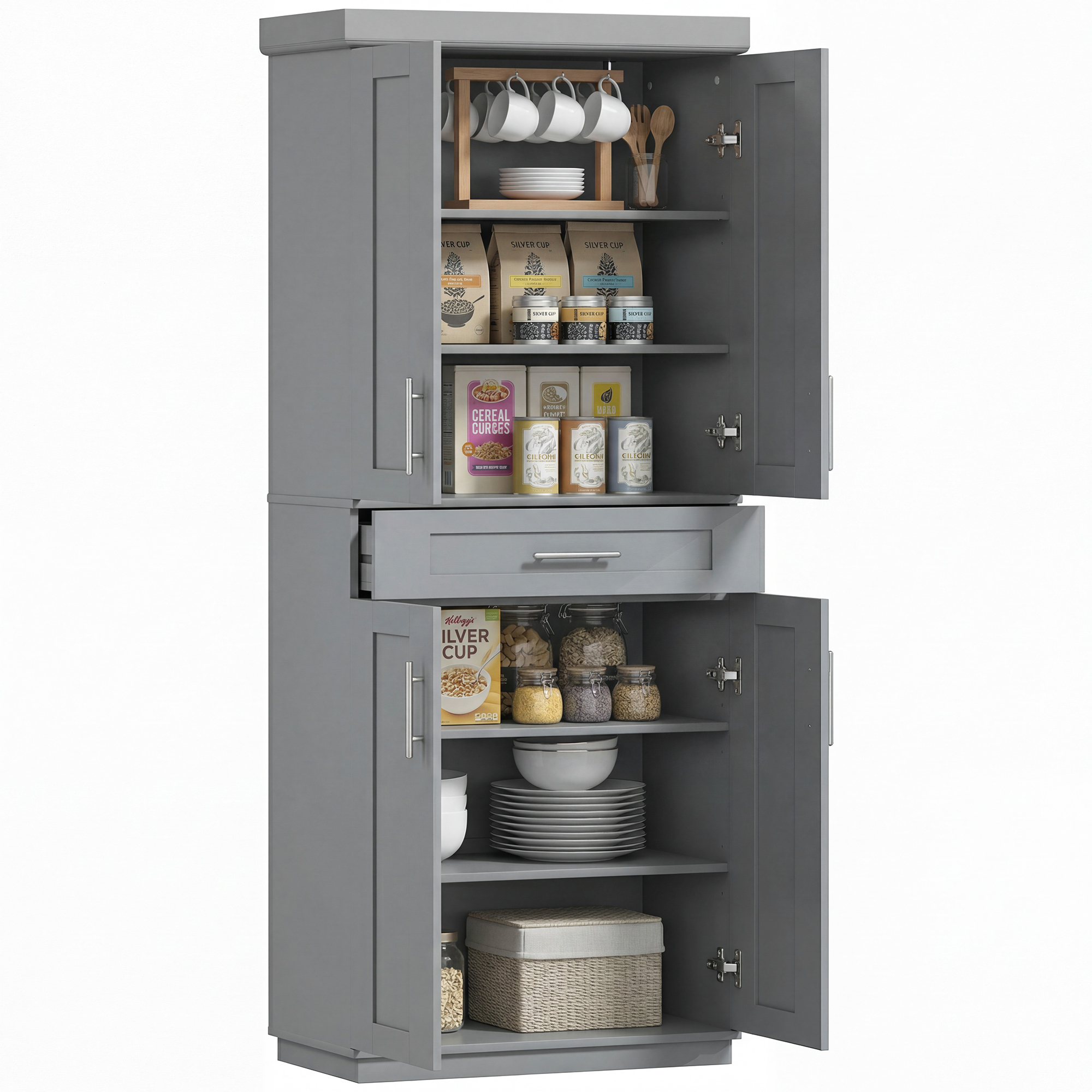 72" Storage Cabinet, Freestanding Kitchen Pantry Cabinet with 4 Doors, Drawer and 3 Adjustable Shelves, Grey