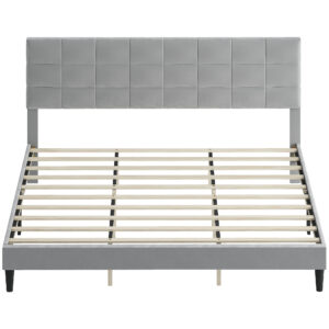 King Size Bed Frame with Upholstered Headboard, Modern Platform Bed Frame with Wood Slats, 1100 lbs Capacity, Grey
