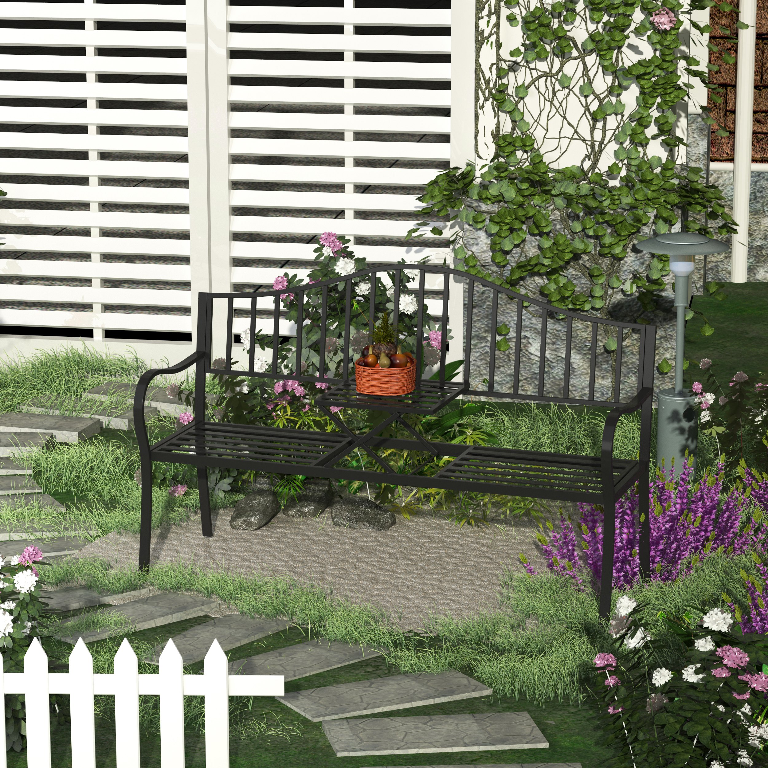 Outdoor Bench with Retractable Middle Table, Metal Frame Patio Loveseat with Slatted Seat and Backrest, Curved Armrests, Black - Image 5