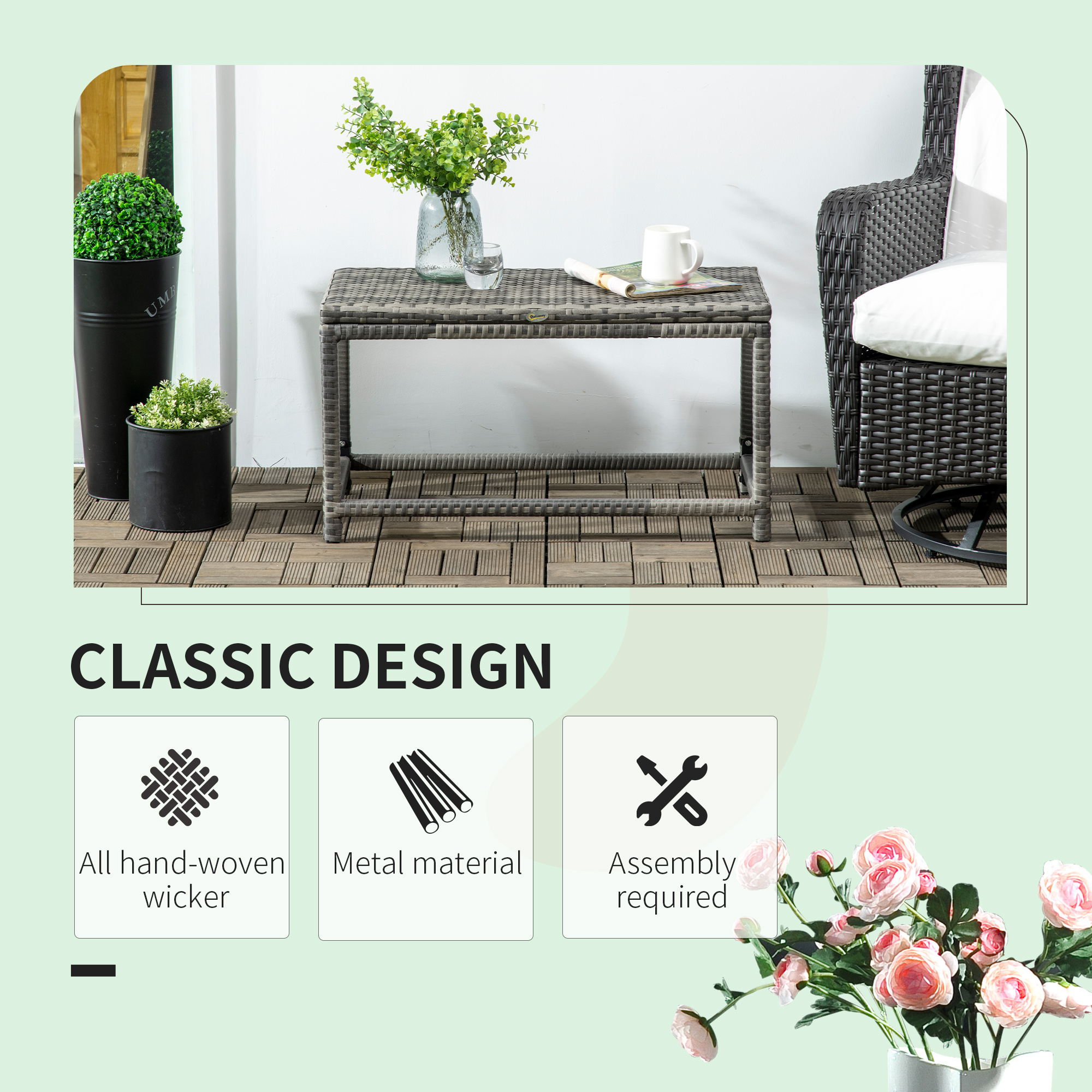 Patio Rattan End Table, Outdoor Side Table with Full Woven Table Top for Garden, Balcony, Mixed Grey - Image 2