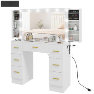 Makeup Vanity Desk with Mirror and Lights, Dressing Table with 7 Drawers, 6 Hidden Sliding Storage Compartments, White