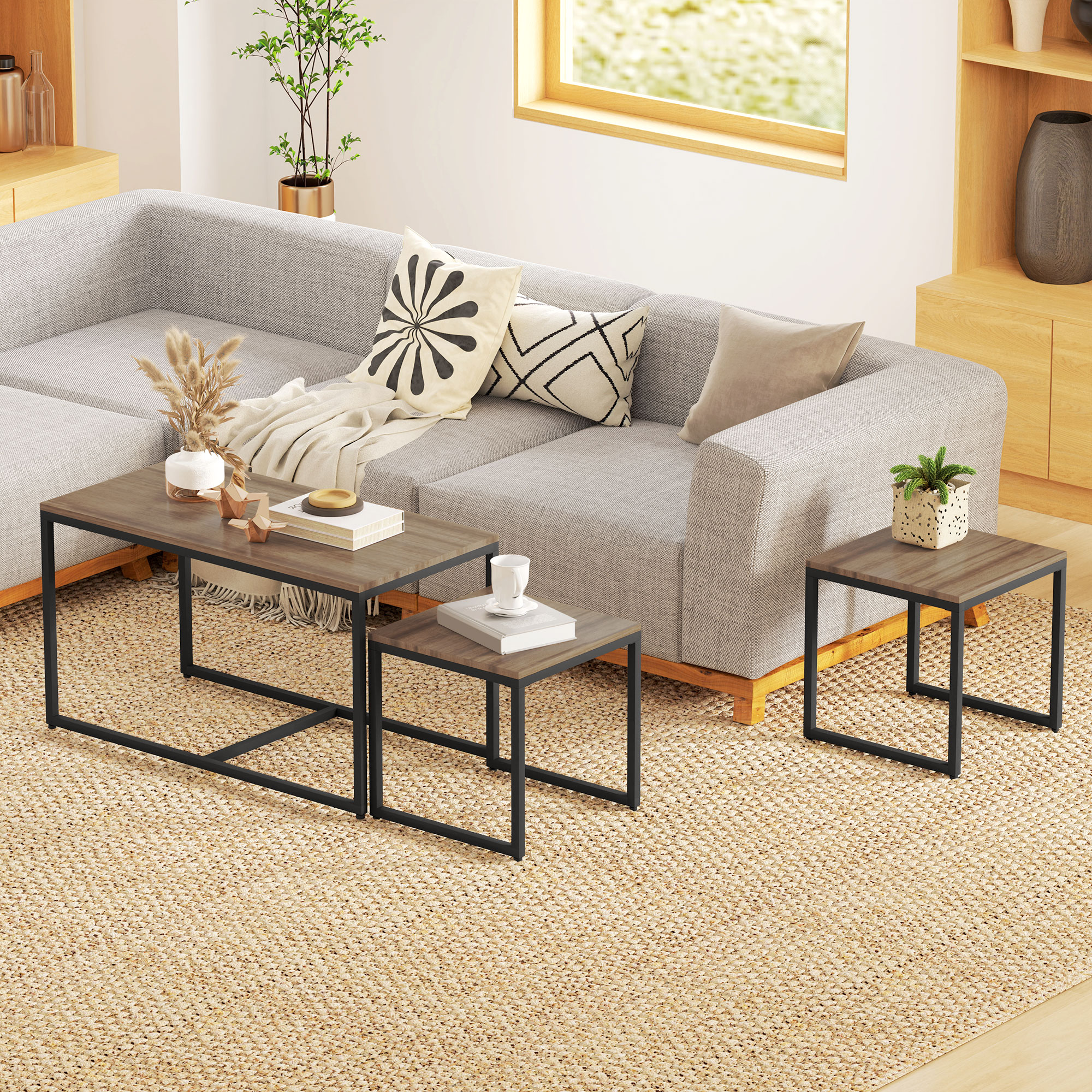 Nesting Coffee Table Set of 3, Modern End Tables with Black Metal Frame for Living Room Home Furniture, Brown - Image 4