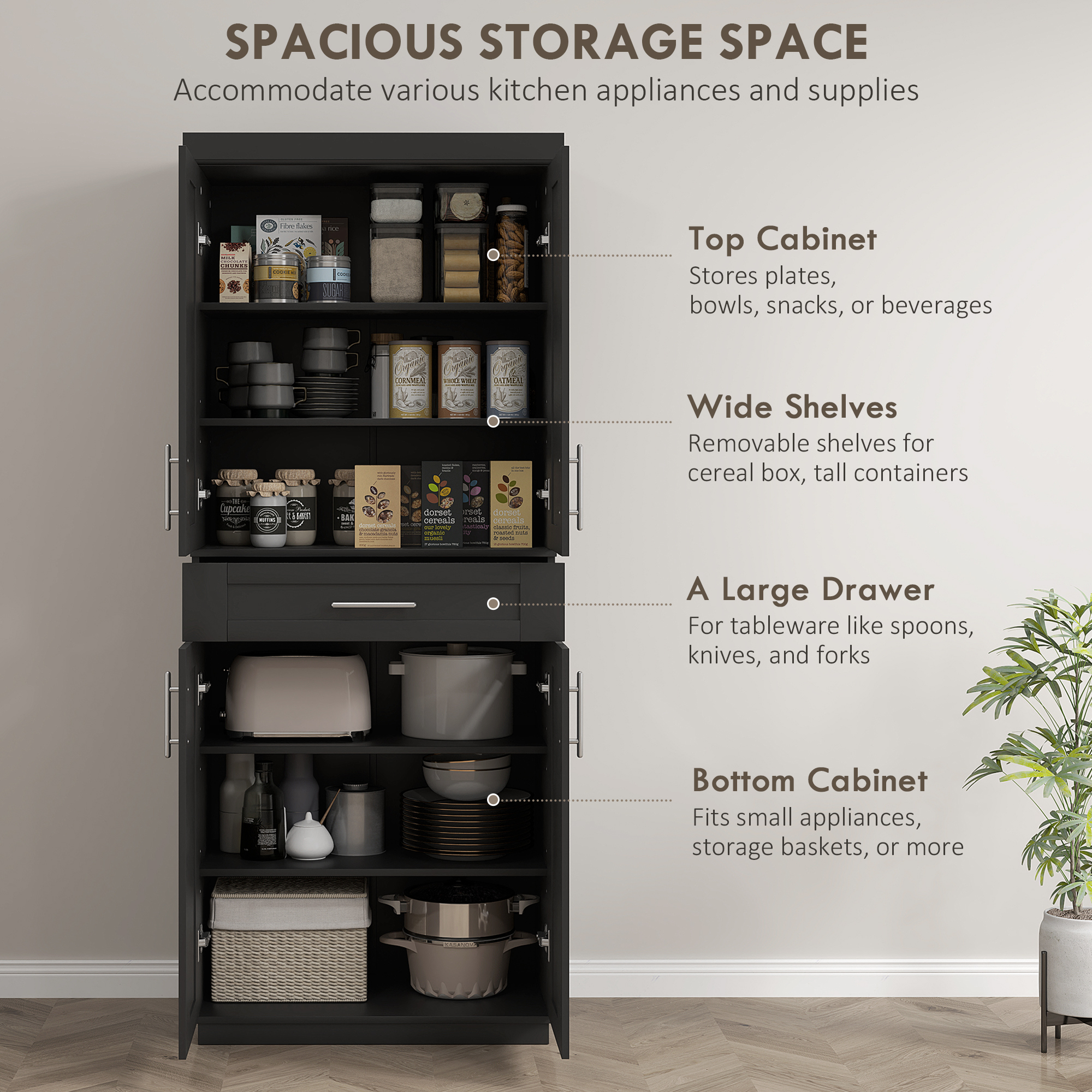 72" Storage Cabinet, Freestanding Kitchen Pantry Cabinet with 4 Doors, Drawer and 3 Adjustable Shelves, Black - Image 2