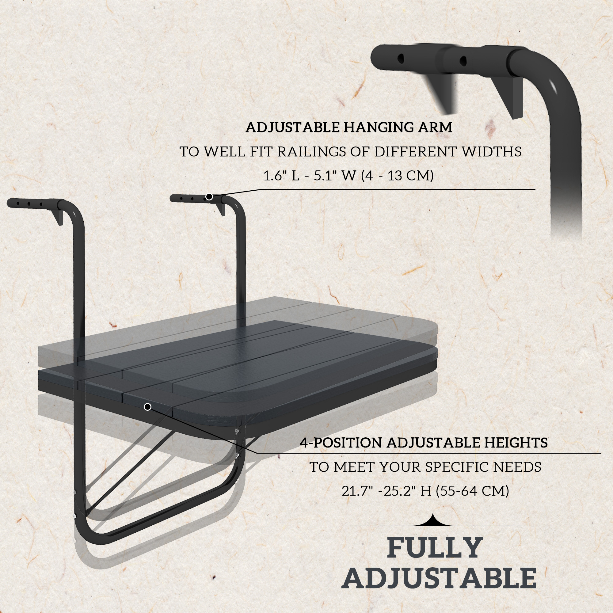 Outdoor Hanging Table, Adjustable Balcony Railing Table, Aluminum Mounting Wall Desk Rack, Foldable Outdoor Flower Stand Serving Table Rectangle, Black - Image 2