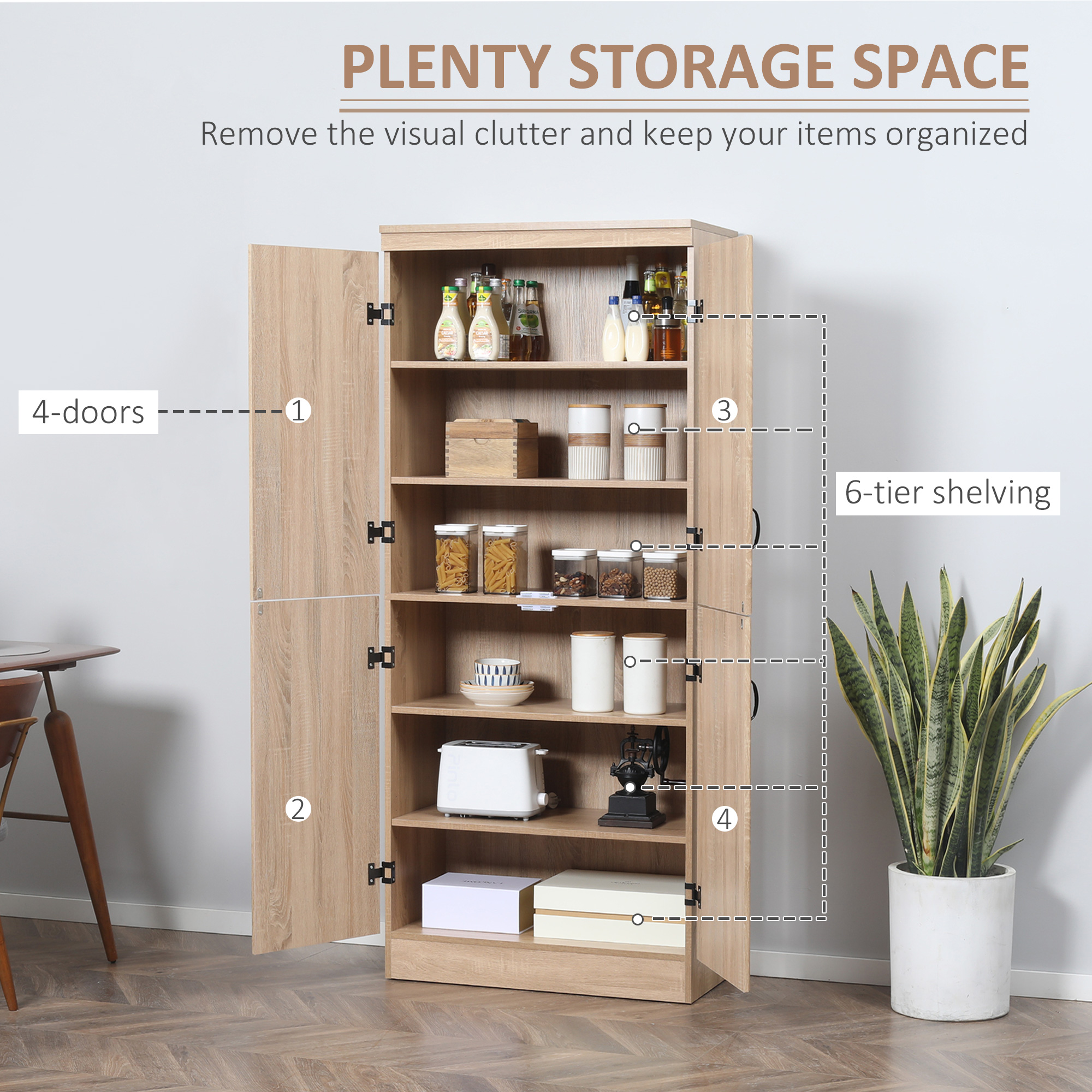 70" 4-Door Storage Cabinet, Freestanding Pantry Cabinet with Adjustable Shelves for Living Room, Natural - Image 2