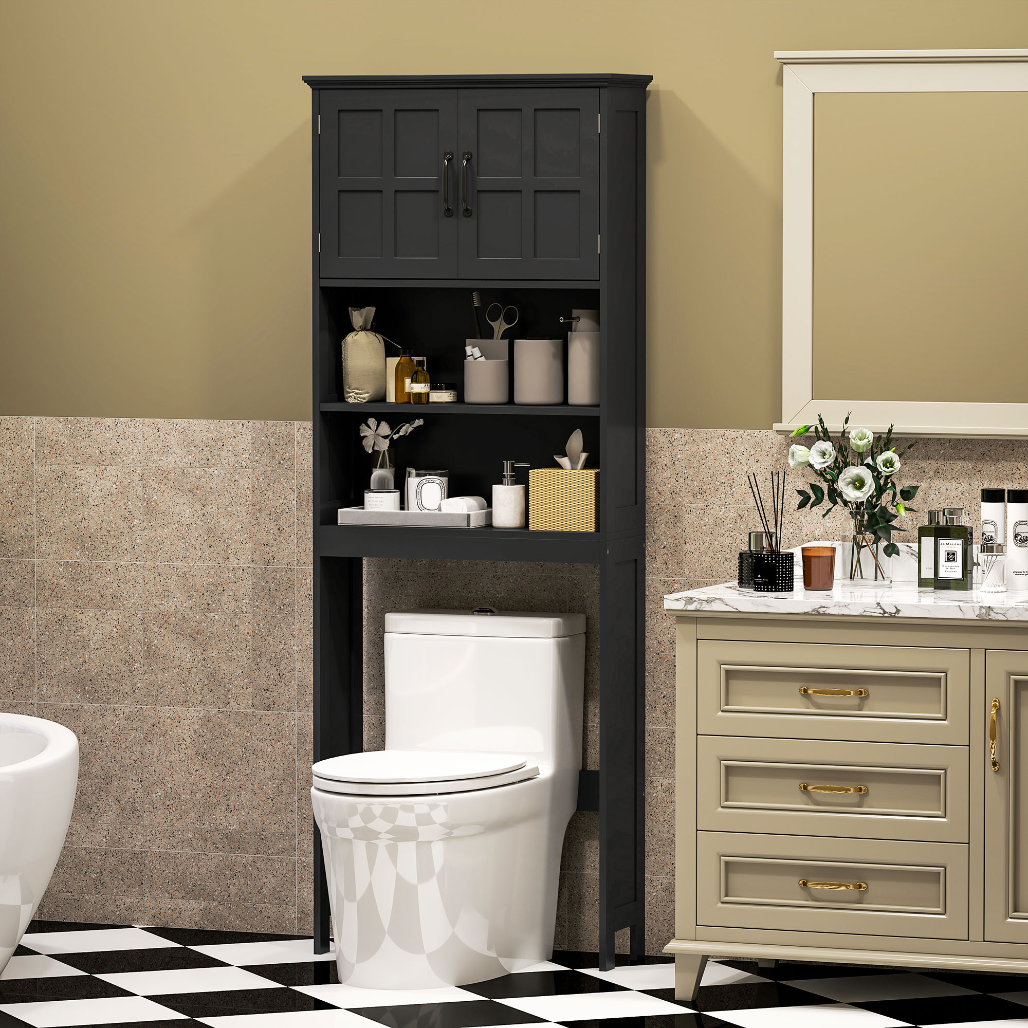 Modern Over The Toilet Storage, Bathroom Cabinets Over Toilet with Open Shelves and Double Door Cabinet, Black - Image 6