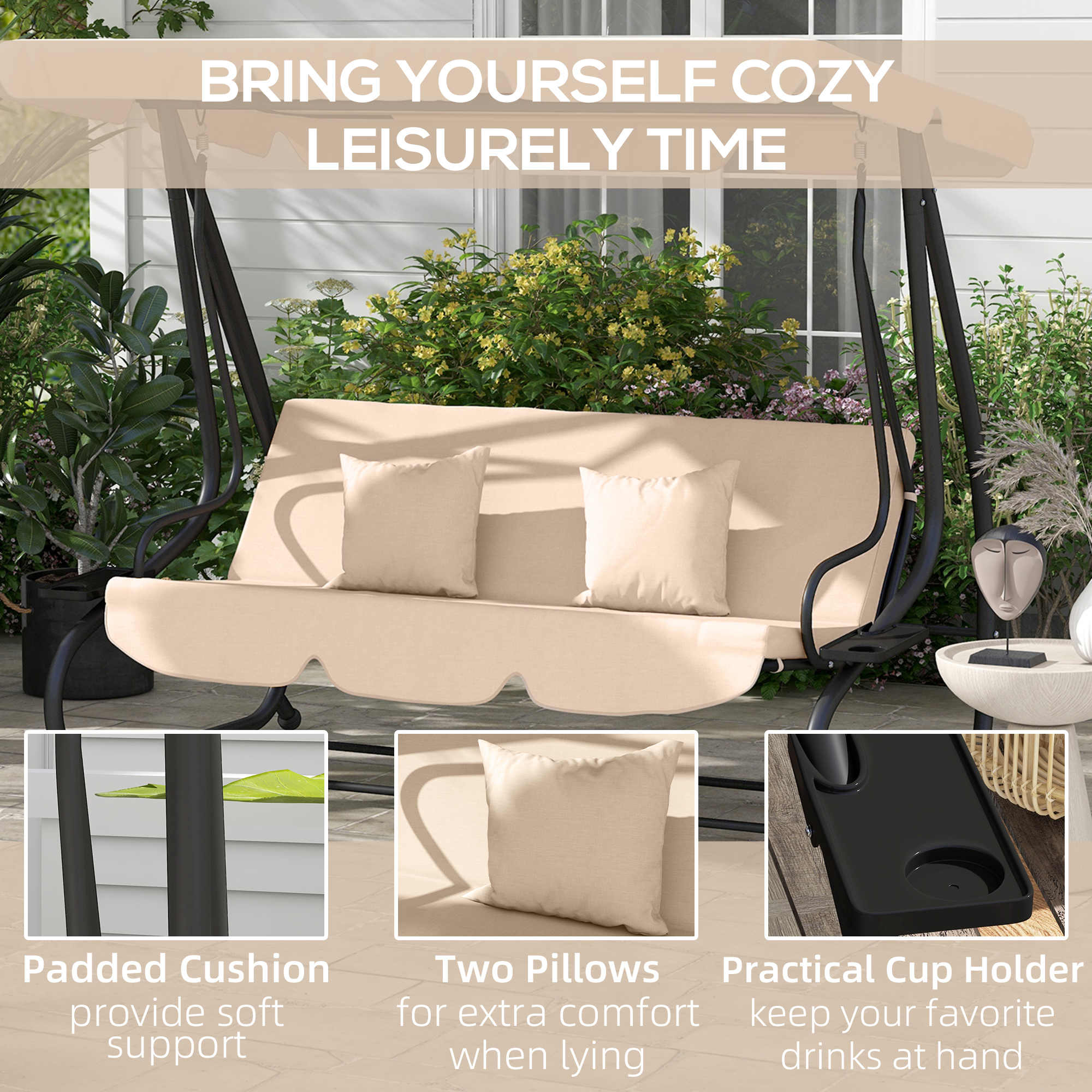 3-Seat Outdoor Patio Swing Chair, 2-in-1 Convertible Flat Bed, Canopy Swing with Adjustable Shade, Removable Cushions, Cup Holder, Light Brown - Image 5