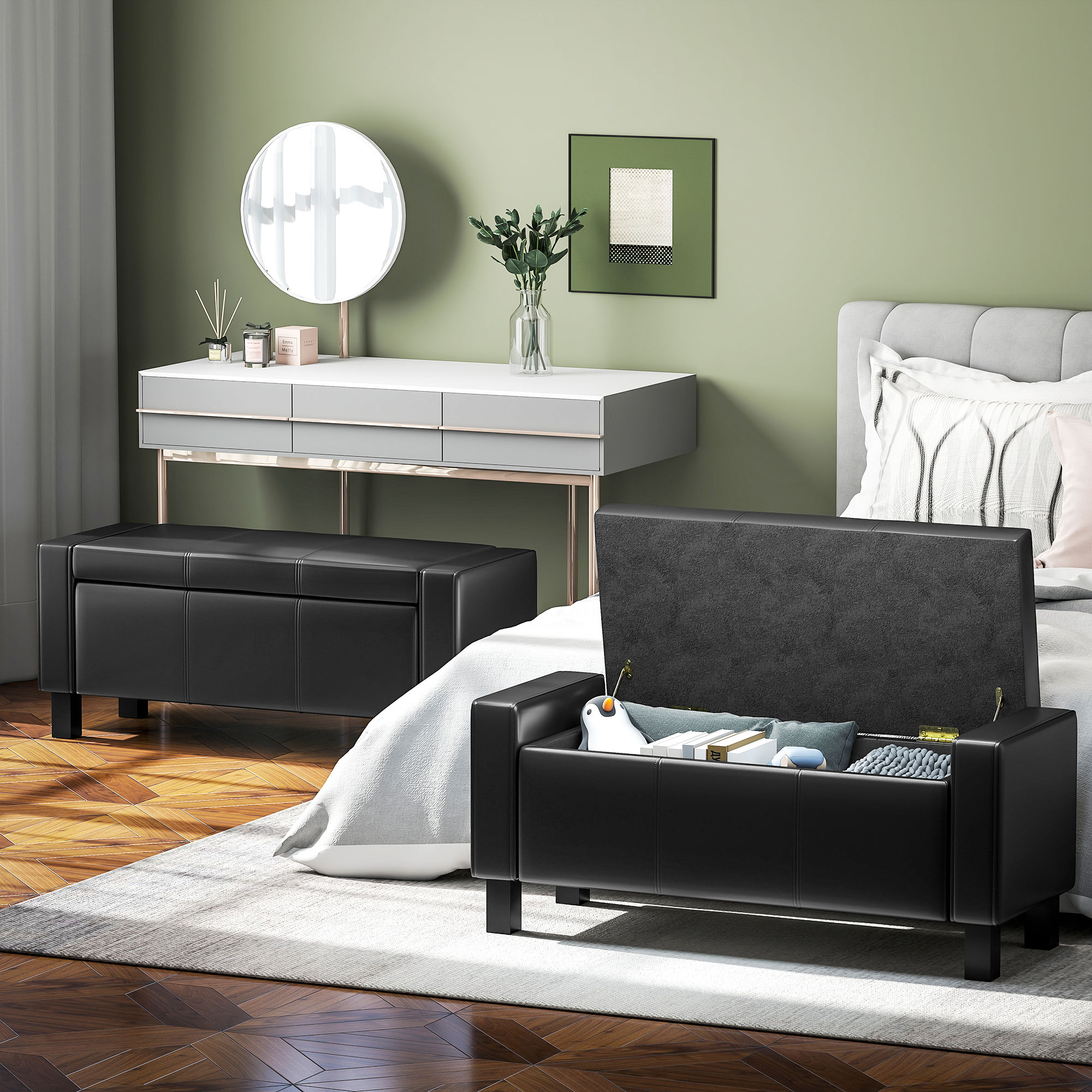 42" Deluxe Faux Leather Padded Storage Ottoman Bench Foot Stool Seat Chair with Organizer, Black - Image 5