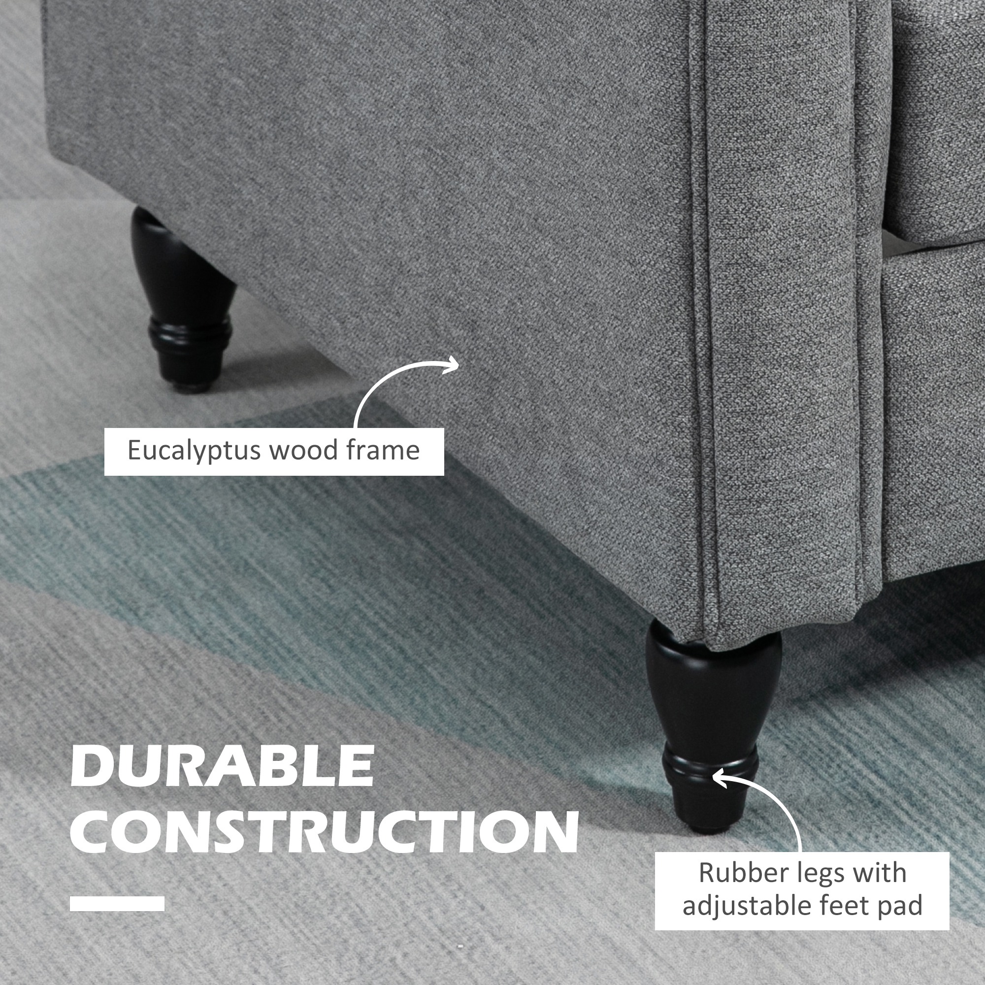 Vintage Loveseat, Upholstered Love Seat Furniture, Chenille-feel Fabric 2 Seater Sofa Couch with Rolled Arms, Gourd-Shaped Rubber Wood Legs for Living Room, Light Grey - Image 3