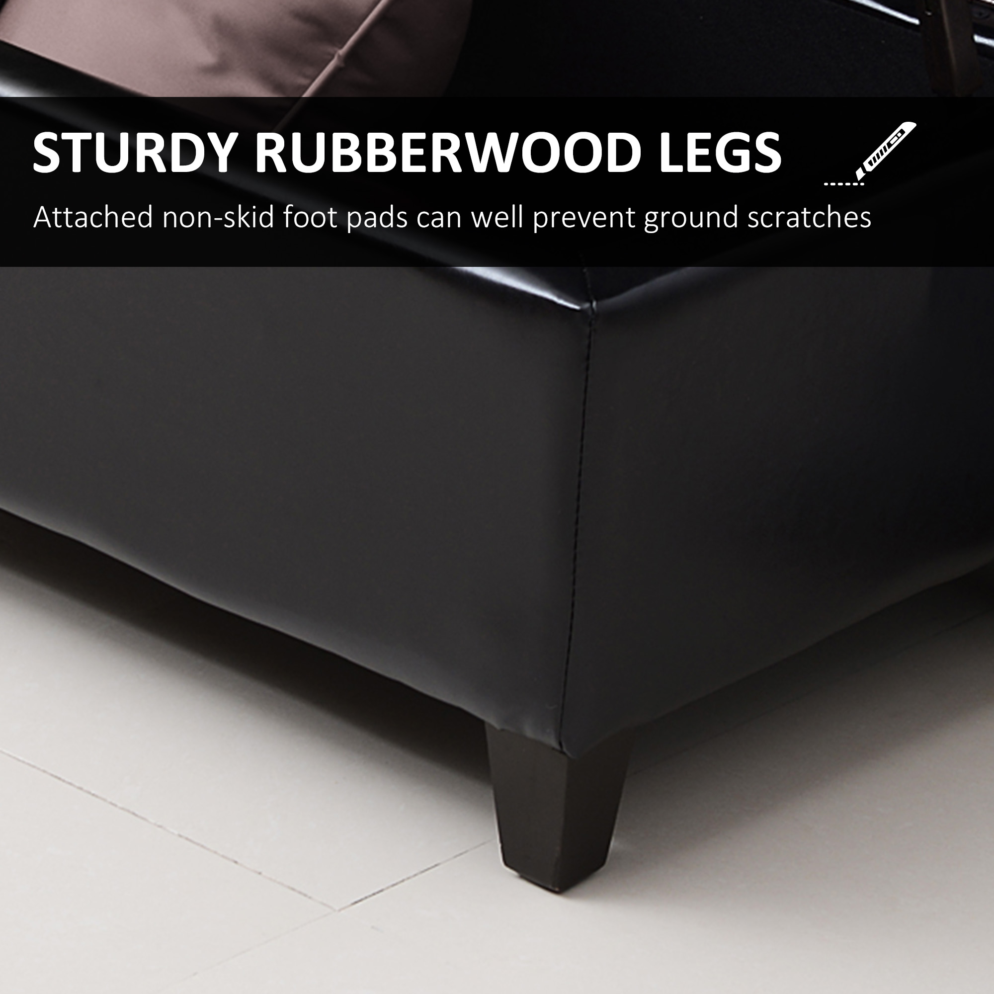 Storage Ottoman Bench, Foot Rest with Solid Wood Legs, 51 Inches PU Leather Storage Chest for Living Room, Black - Image 3