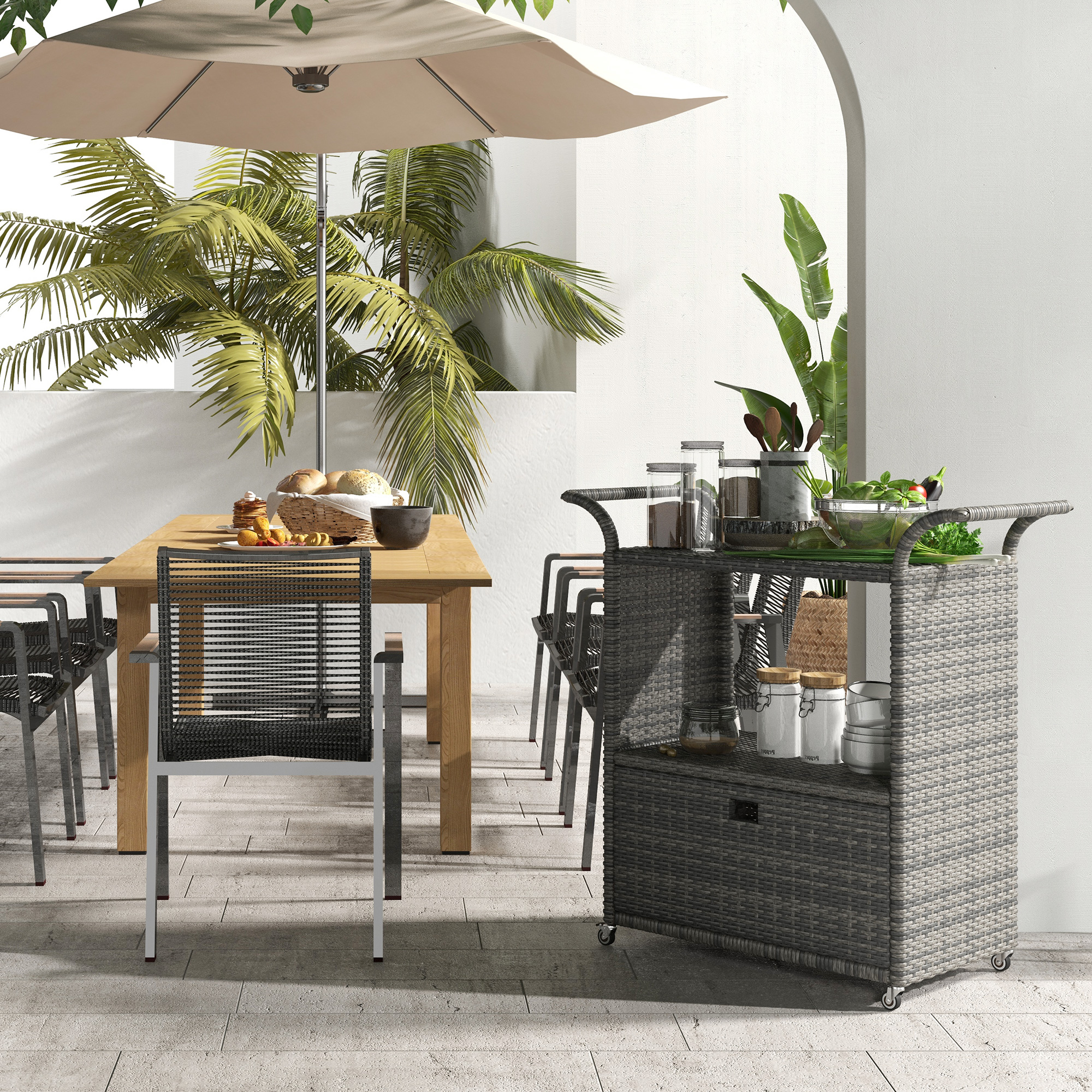 Patio PE Wicker Garden Serving Cart with 2-Tier Shelf, Outdoor Wheeled Rattan Food Cart with Drawer, Handles, for Poolside, Garden, Mixed Grey - Image 6