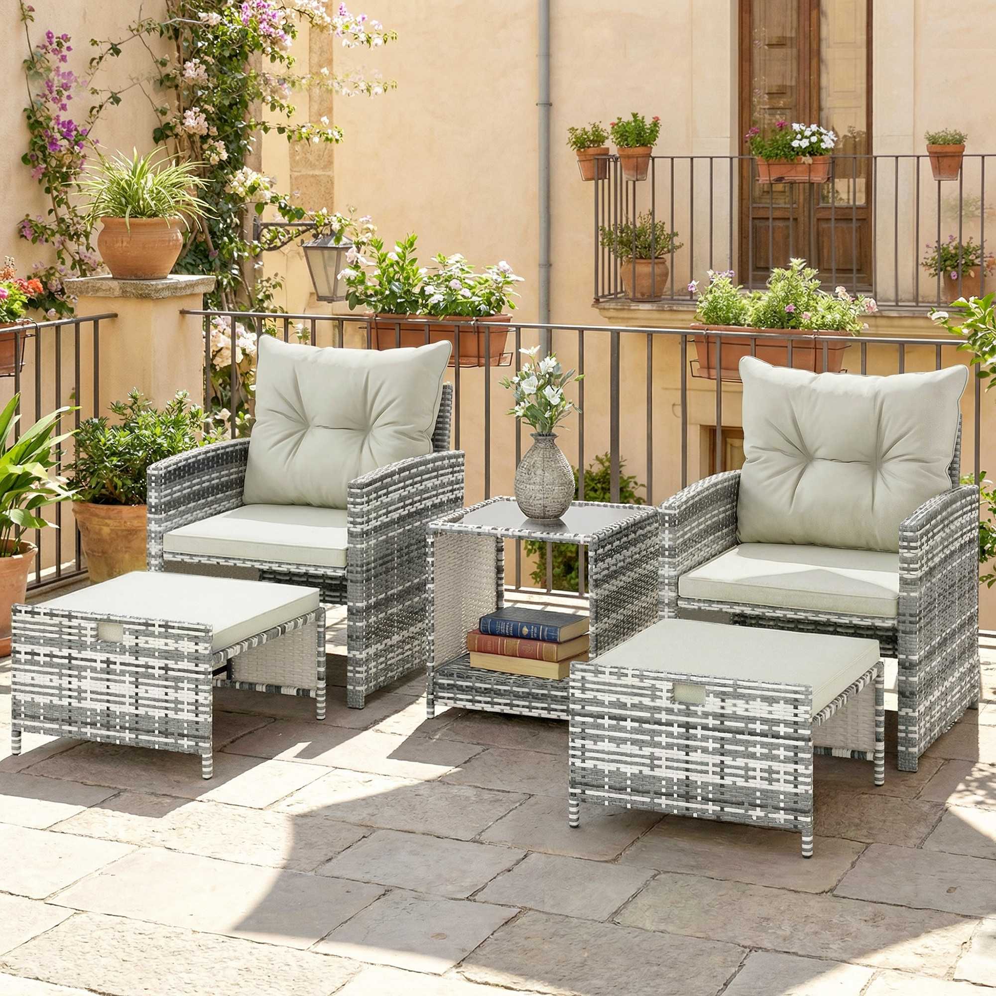 5 Piece Patio Furniture Set, Wicker Patio Chairs with Ottomans, 2-Tier Glass Coffee Table and Cushions, Grey/Cream White - Image 6