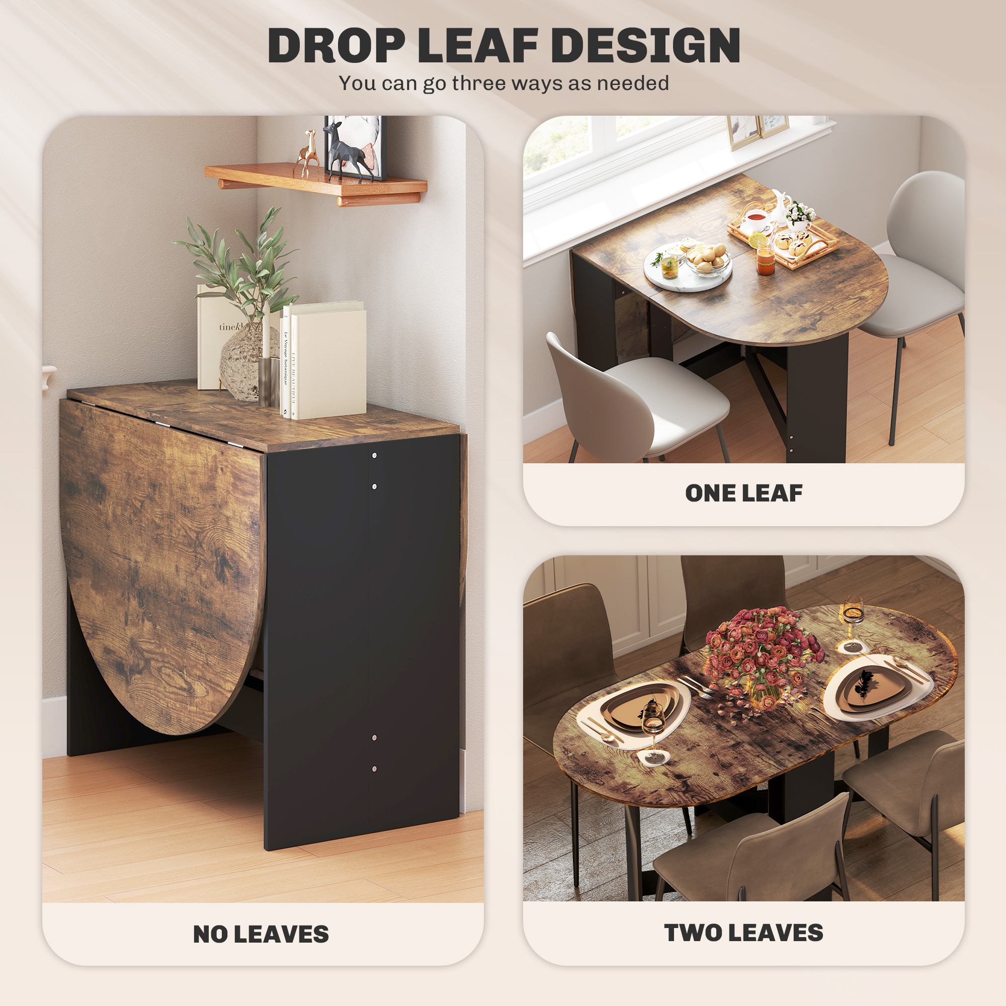 Oval Folding Dining Table, Space Saving Drop Leaf Kitchen Table for Dining Room, Living Room, Rustic Brown - Image 2