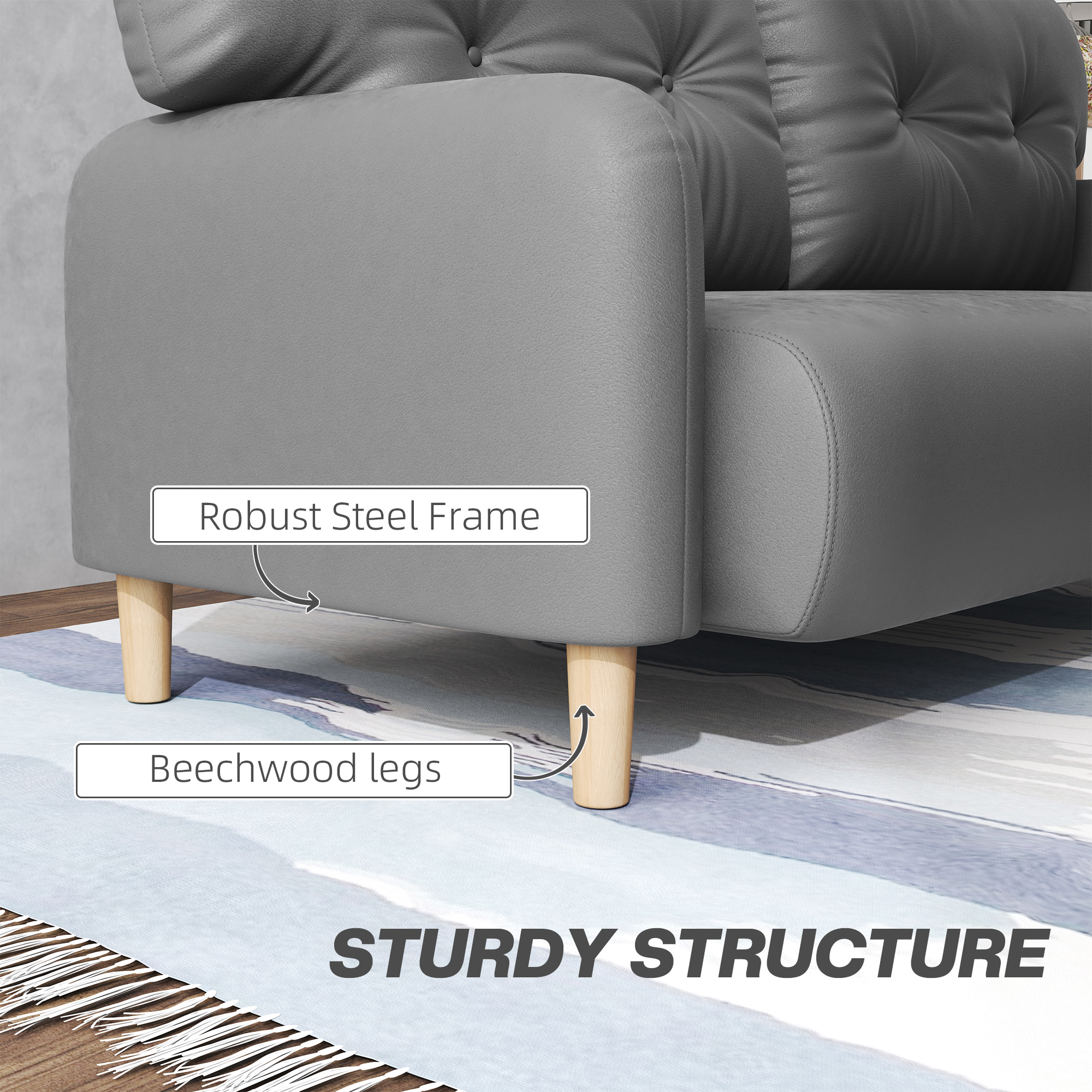 58" 2 Seat Sofa, Modern Love Seats Furniture, Upholstered 2 Seater Couch, Solid Wood Frame, Grey - Image 4