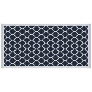 Reversible Outdoor RV Rug, 9' x 18' Patio Floor Mat, Plastic Straw Rug, Dark Blue and White