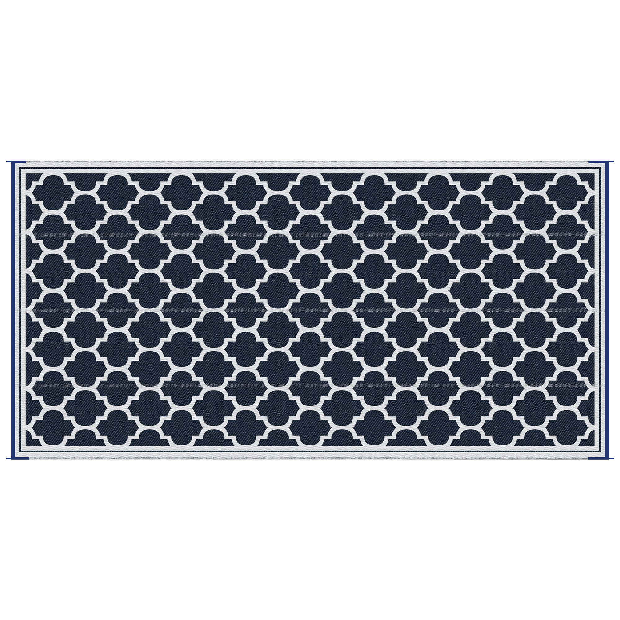 Reversible Outdoor RV Rug, 9' x 18' Patio Floor Mat, Plastic Straw Rug, Dark Blue and White