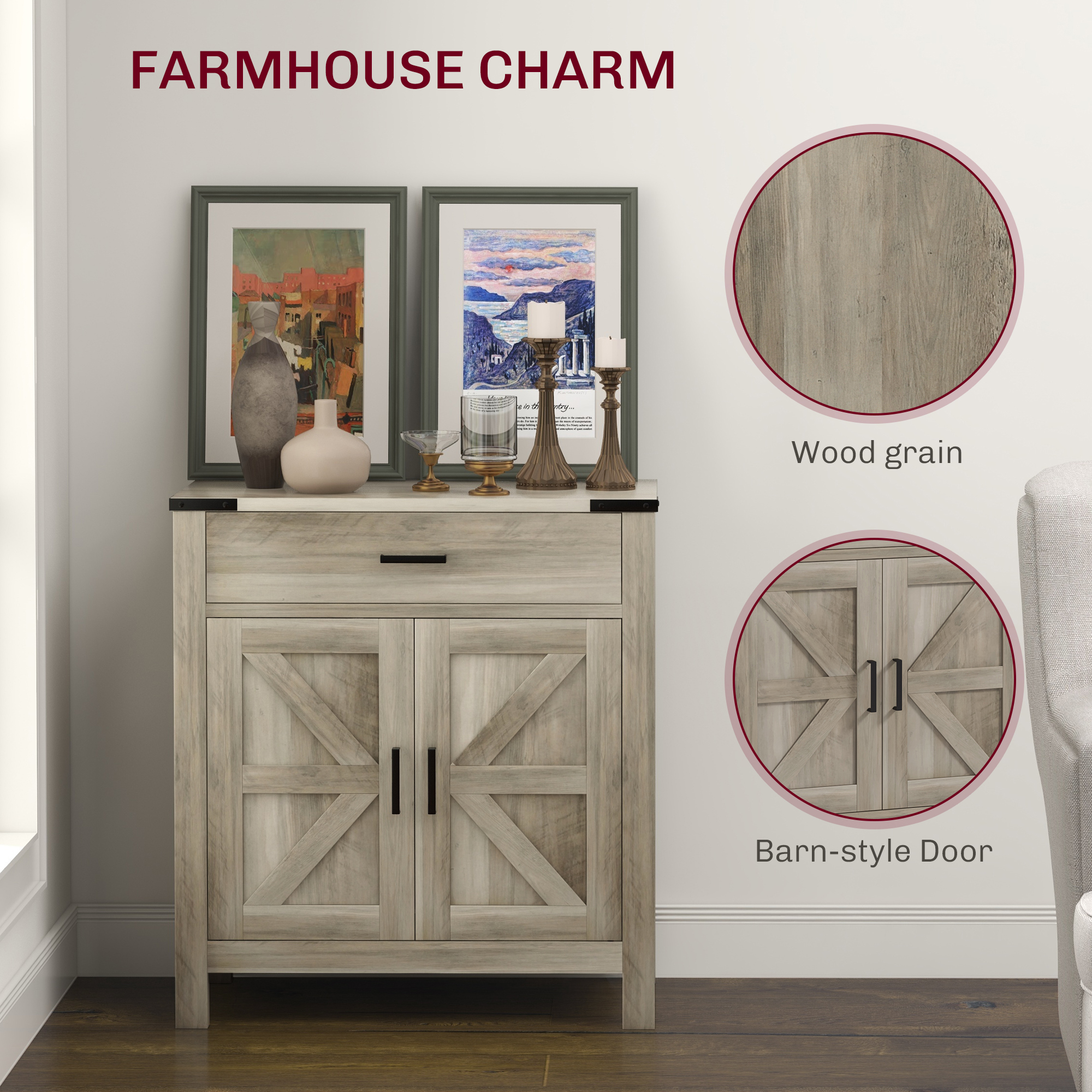 Sideboard Buffet Cabinet, Farmhouse Kitchen Storage Cabinet w/ Drawer and Shelf for Living Room, Entryway - Image 4