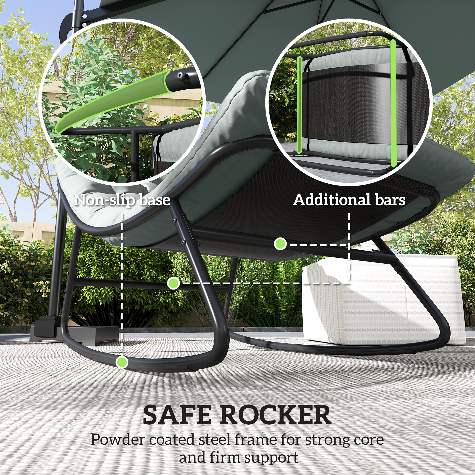 Outdoor Patio Rocking Chair with Cushion, Steel Frame Balcony Chair with Mesh Deep Seat for Porch, Garden, Grey - Image 5