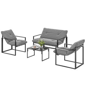 4 Piece Outdoor Furniture Set, Patio Conversation Set with Tempered Glass Table, Loveseat, Chairs, Cushions, Light Grey