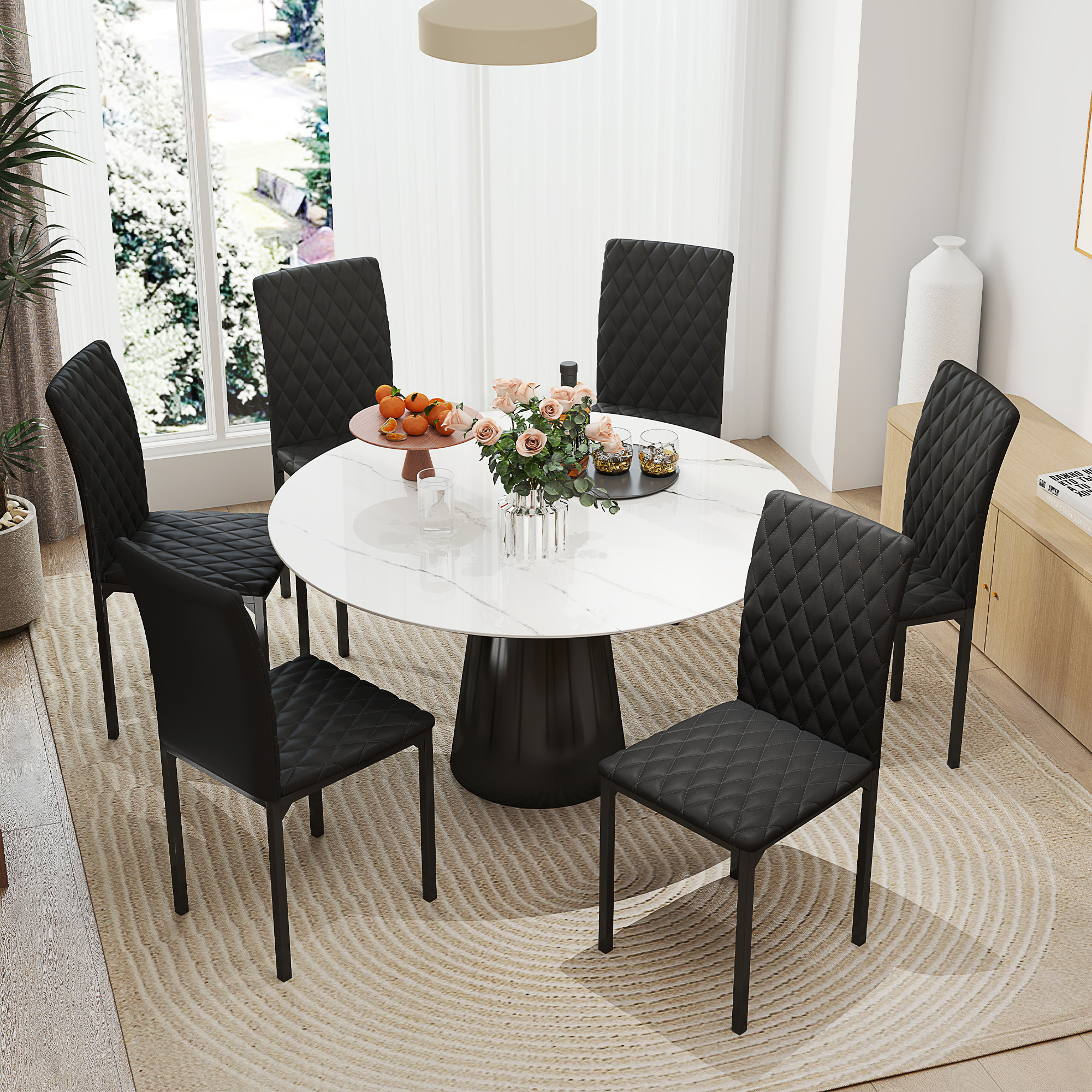 Set of 6 Modern Dining Chairs, Tufted High Back Side Chairs with Upholstered Seat, Steel Legs for Living Room, Black - Image 4