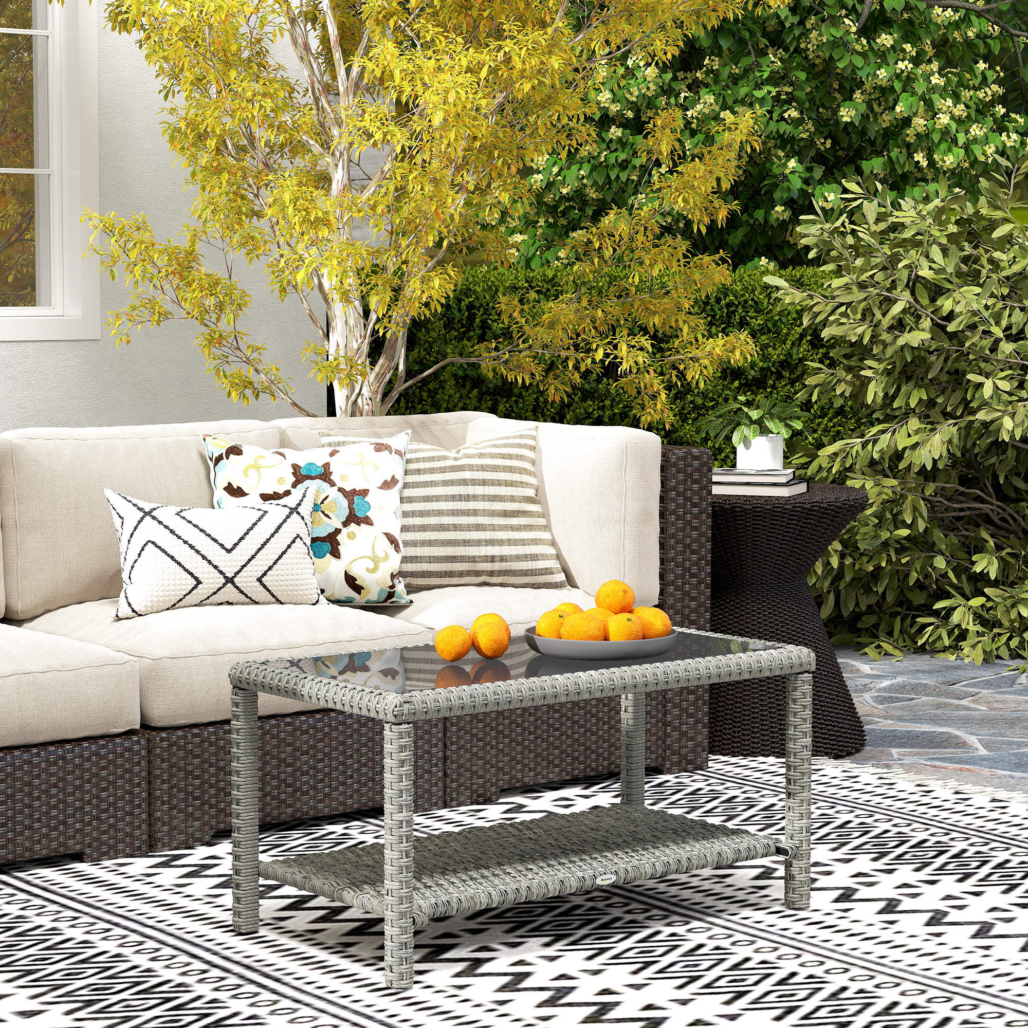 35" Outdoor Wicker Coffee Table with Glass Top, Storage Shelf for Garden Porch Balcony Deck, Dark Grey - Image 6