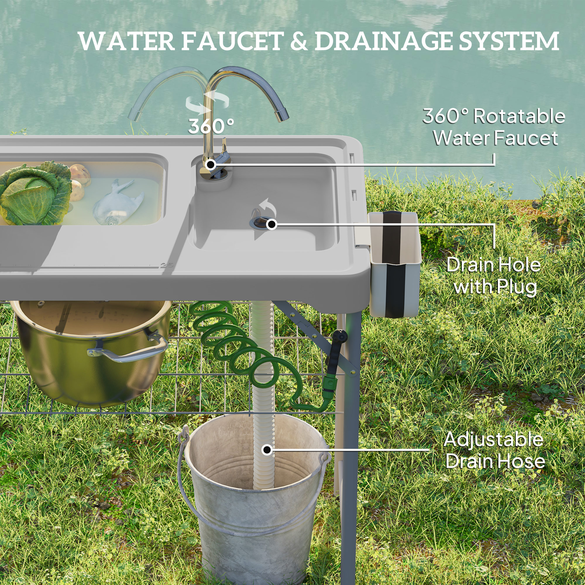 Folding Fish Cleaning Table with Sinks, Camping Sink with Faucet Drainage Hose Sprayer Shelf, Grey - Image 2