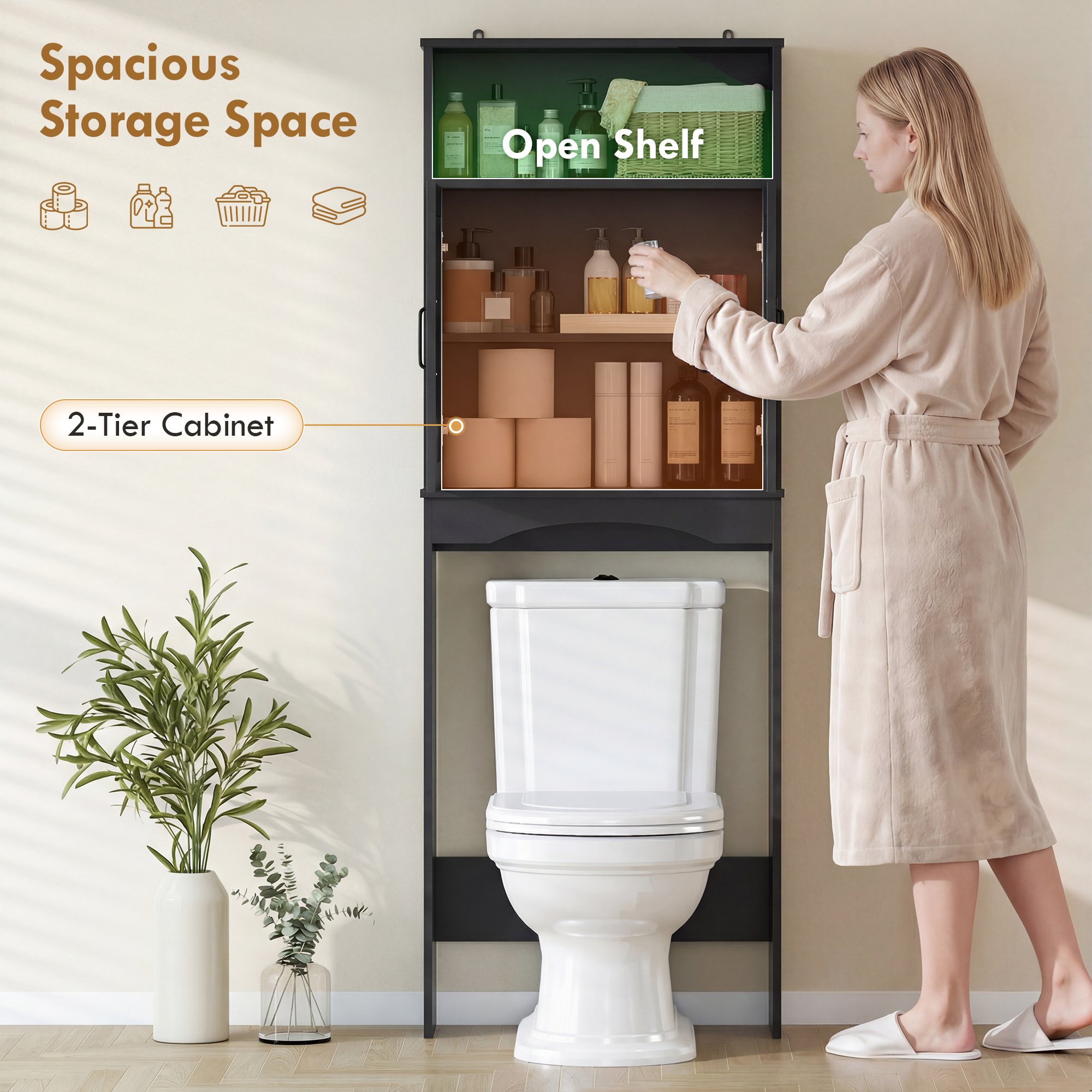 Over the Toilet Storage Cabinet Freestanding Bathroom Organizer with 2 Doors and Open Shelf Black - Image 2