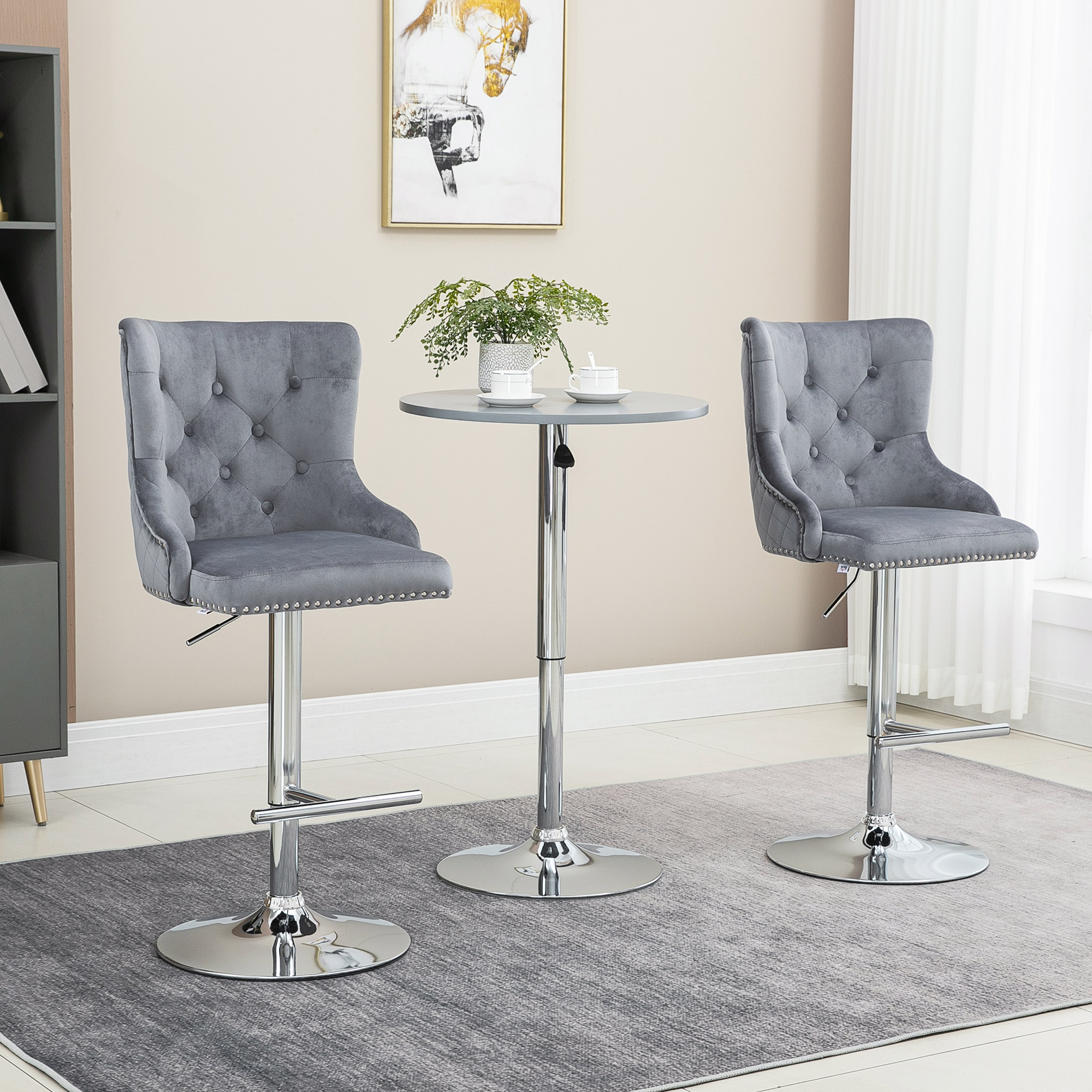 Modern Adjustable Bar Stools Set of 2, Swivel Velvet Barstools, Counter Height Bar Chairs with Button Tufted Back, Footrest, Nailhead Trim for Home Bar, Grey - Image 6
