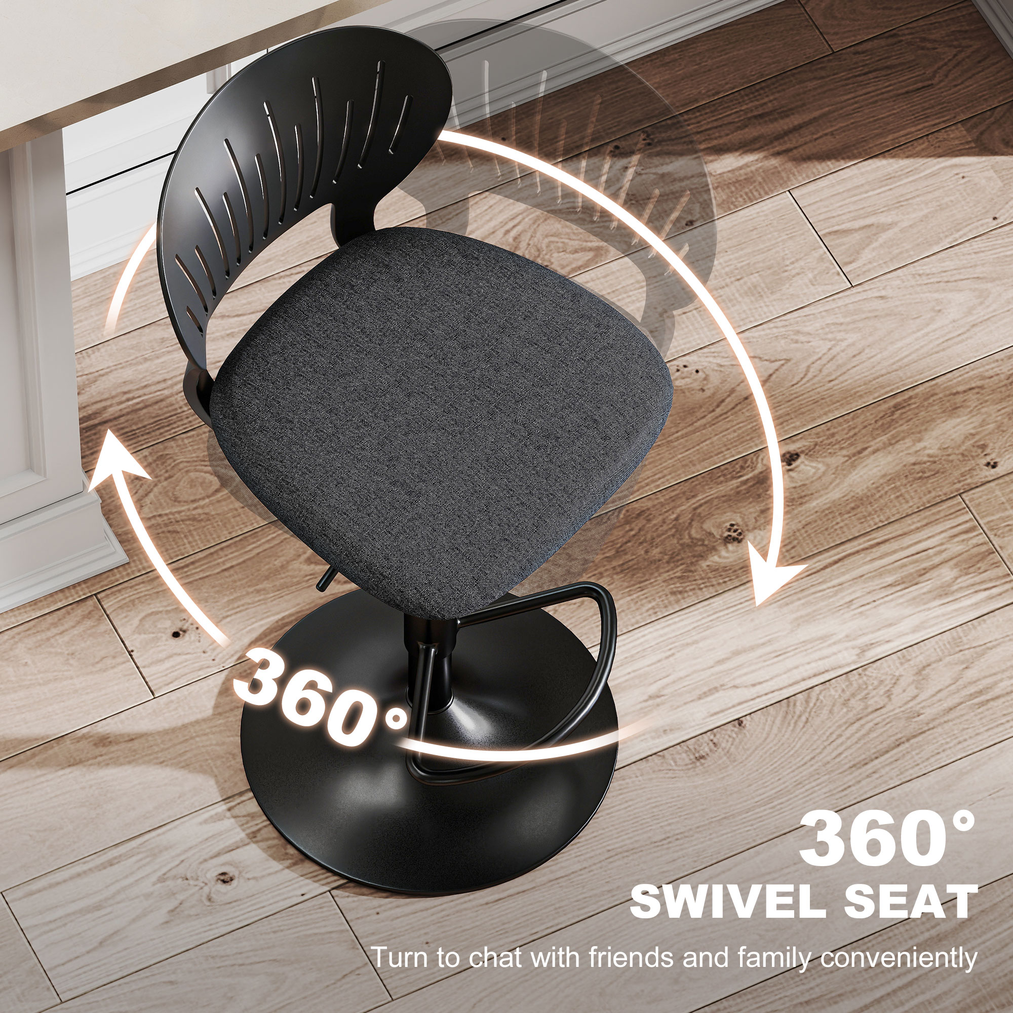 Bar Stools Set of 2, Modern Swivel Counter Height Barstools with Footrest and Hollow Backrest, Black - Image 3
