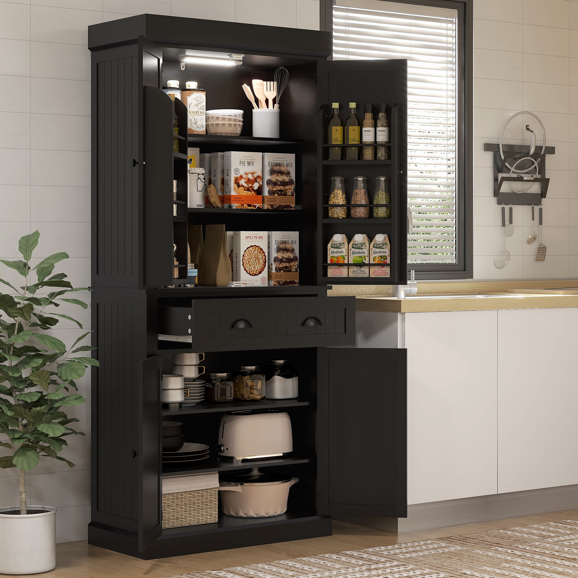 71" Kitchen Pantry Cabinet with LED Lights, 6 Spice Racks, a Drawer and 4 Adjustable Shelves, Black - Image 6