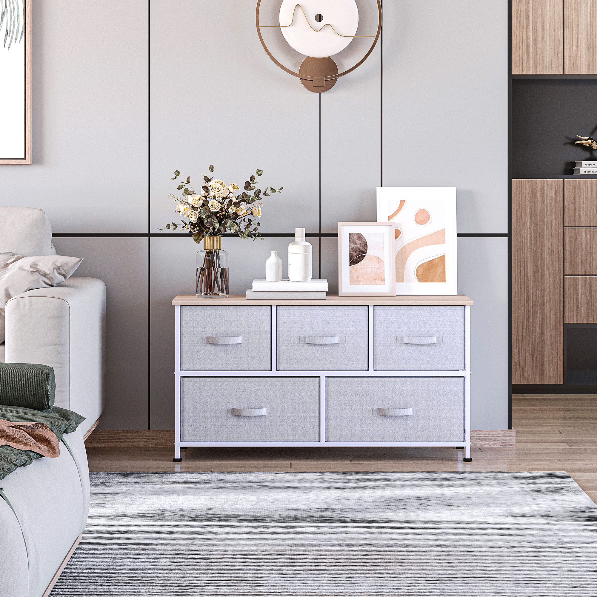 Linen Drawer Cabinet Organizer Storage Dresser Tower with 5 Removable Drawer Metal Frame Adjustable Feet for Living Room, Kitchen, Bathroom, Grey - Image 6