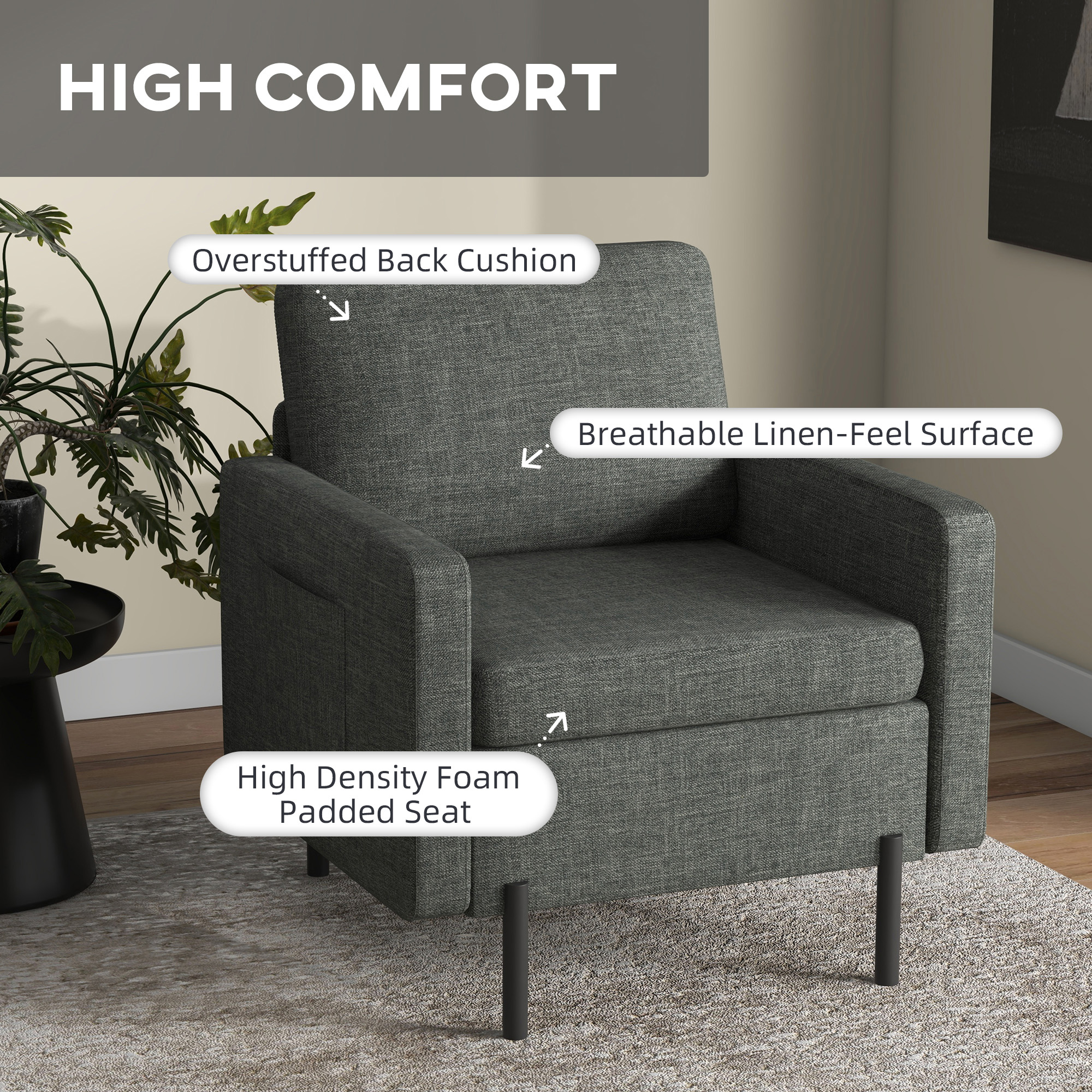 Armchair, Fabric Accent Chair, Modern Living Room Chair with Metal Legs, 2 Side Pockets for Bedroom, Grey - Image 2