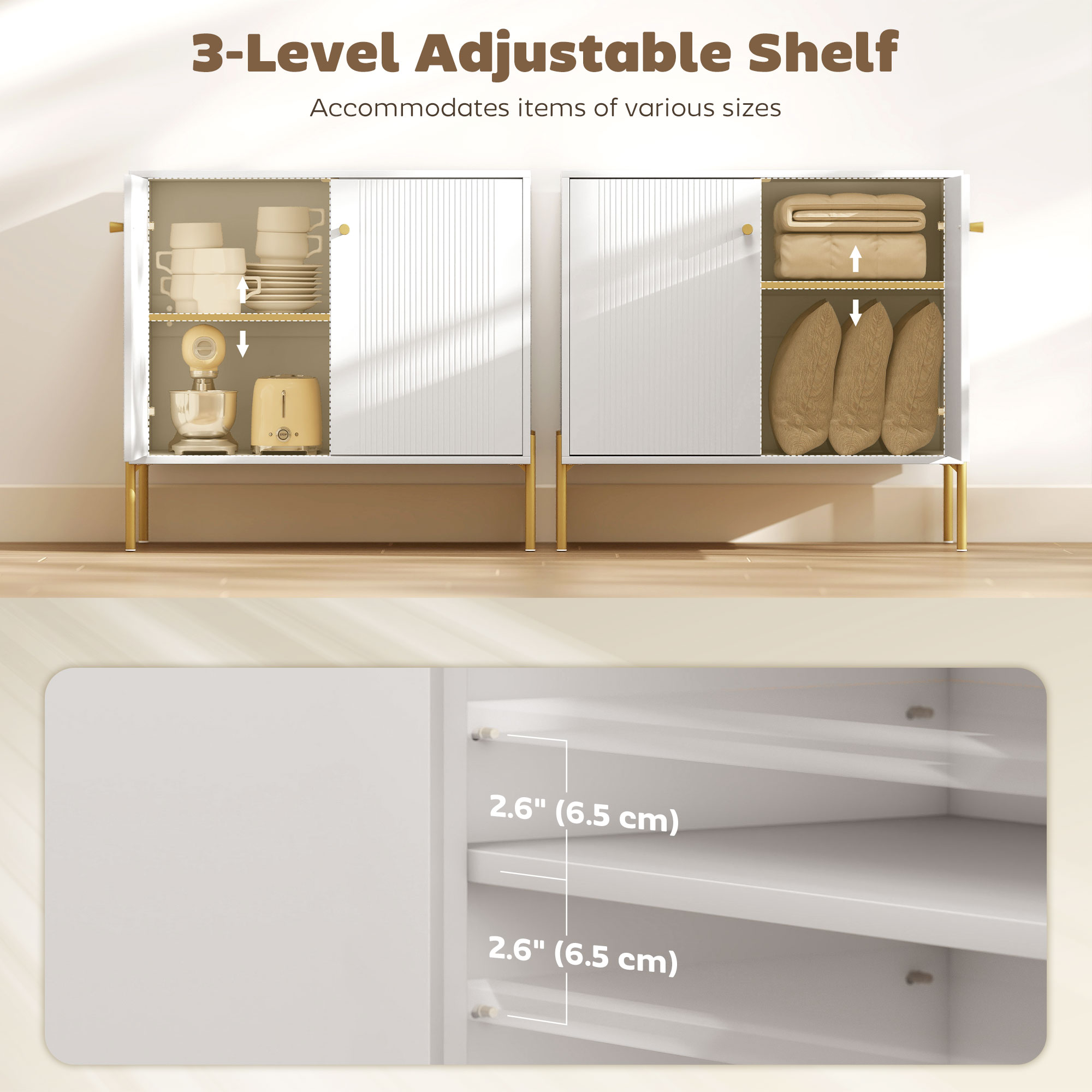 Sideboard, Modern Buffet Cabinet, Coffee Bar Cabinet with Fluted Doors and Adjustable Shelf, White - Image 2