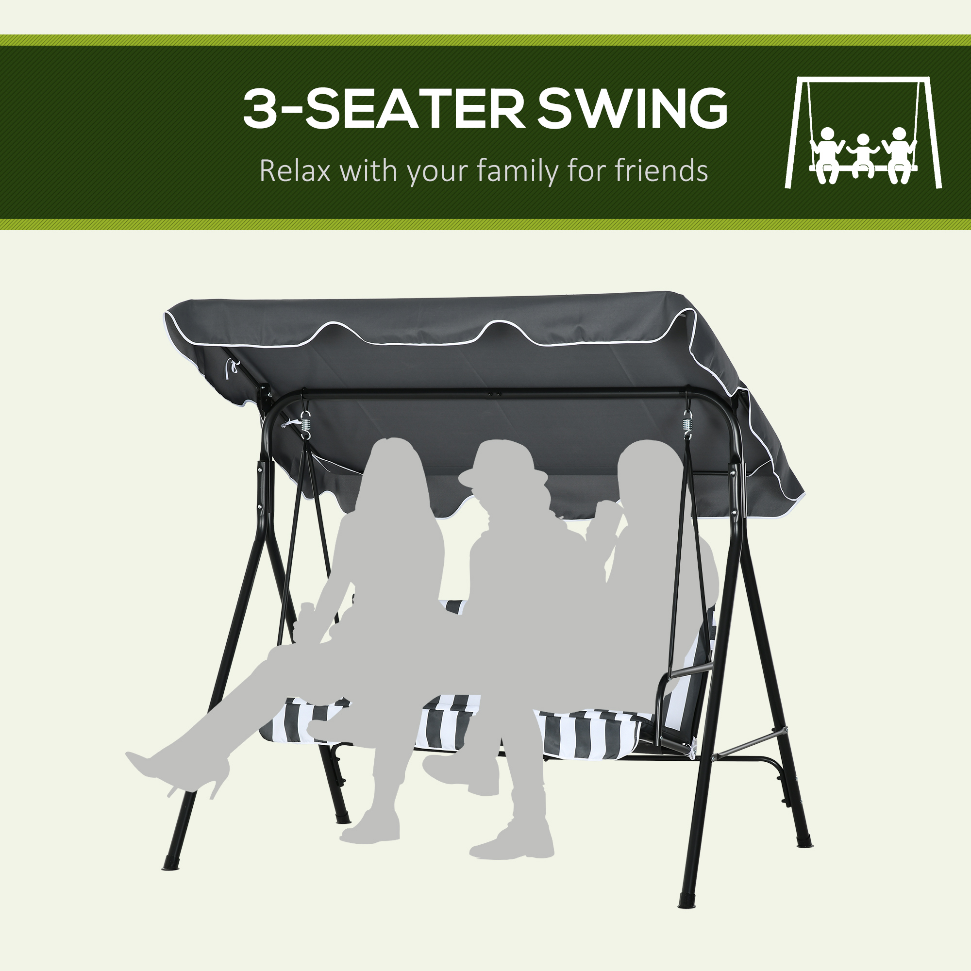 3-Seater Outdoor Porch Swing with Adjustable Canopy, Patio Swing Chair for Garden, Poolside, Backyard, Grey and White - Image 5
