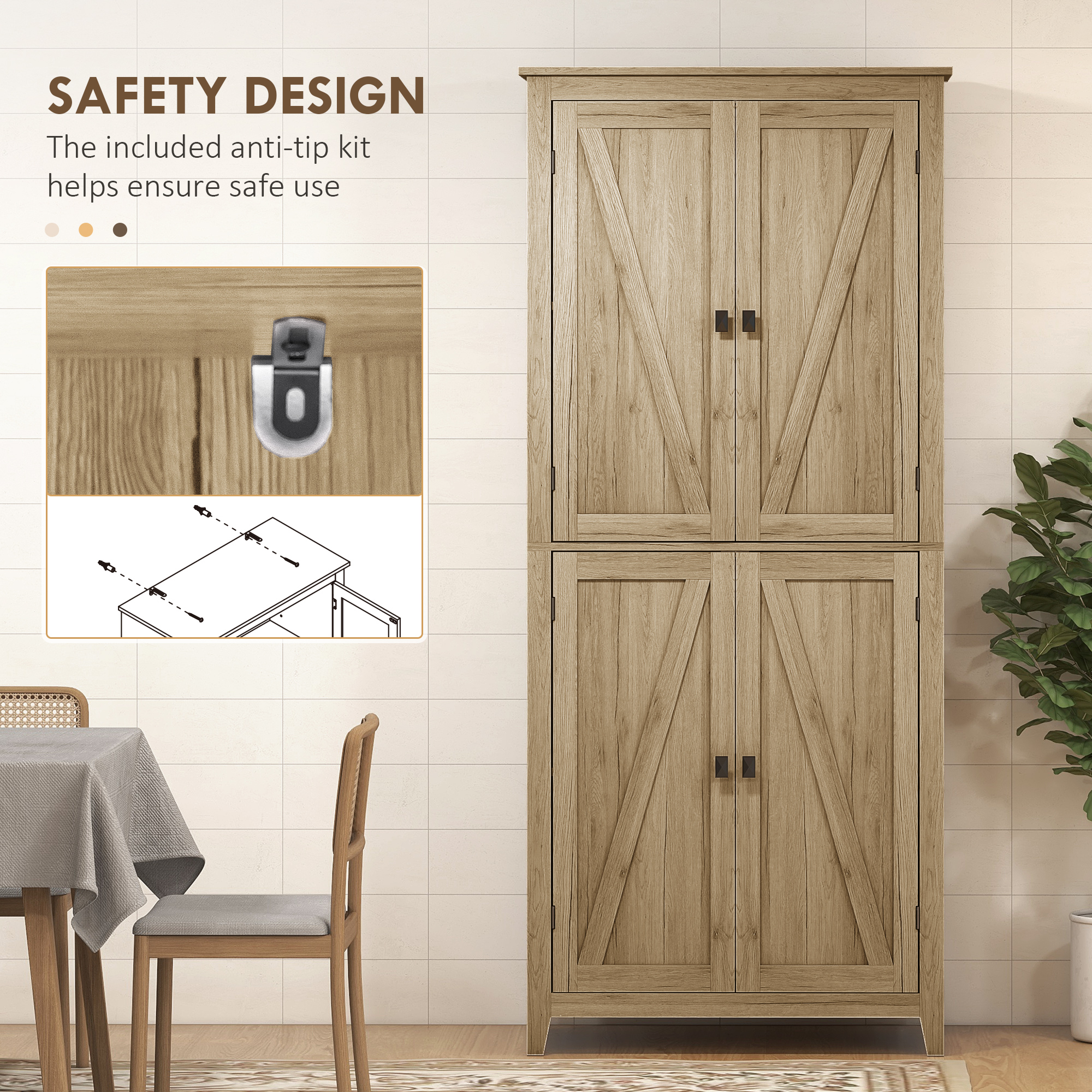 72" Freestanding Storage Cabinet, Kitchen Pantry Cabinet with Doors and Shelves for Dining Room, Natural - Image 4