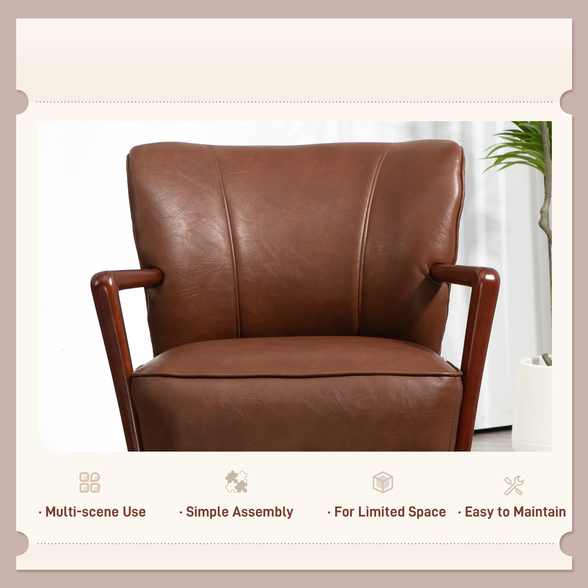 Accent Chair, Modern Armchair, Faux Leather Upholstered Living Room Chair with Wood Legs and Wide Padded Seat, Brown - Image 4