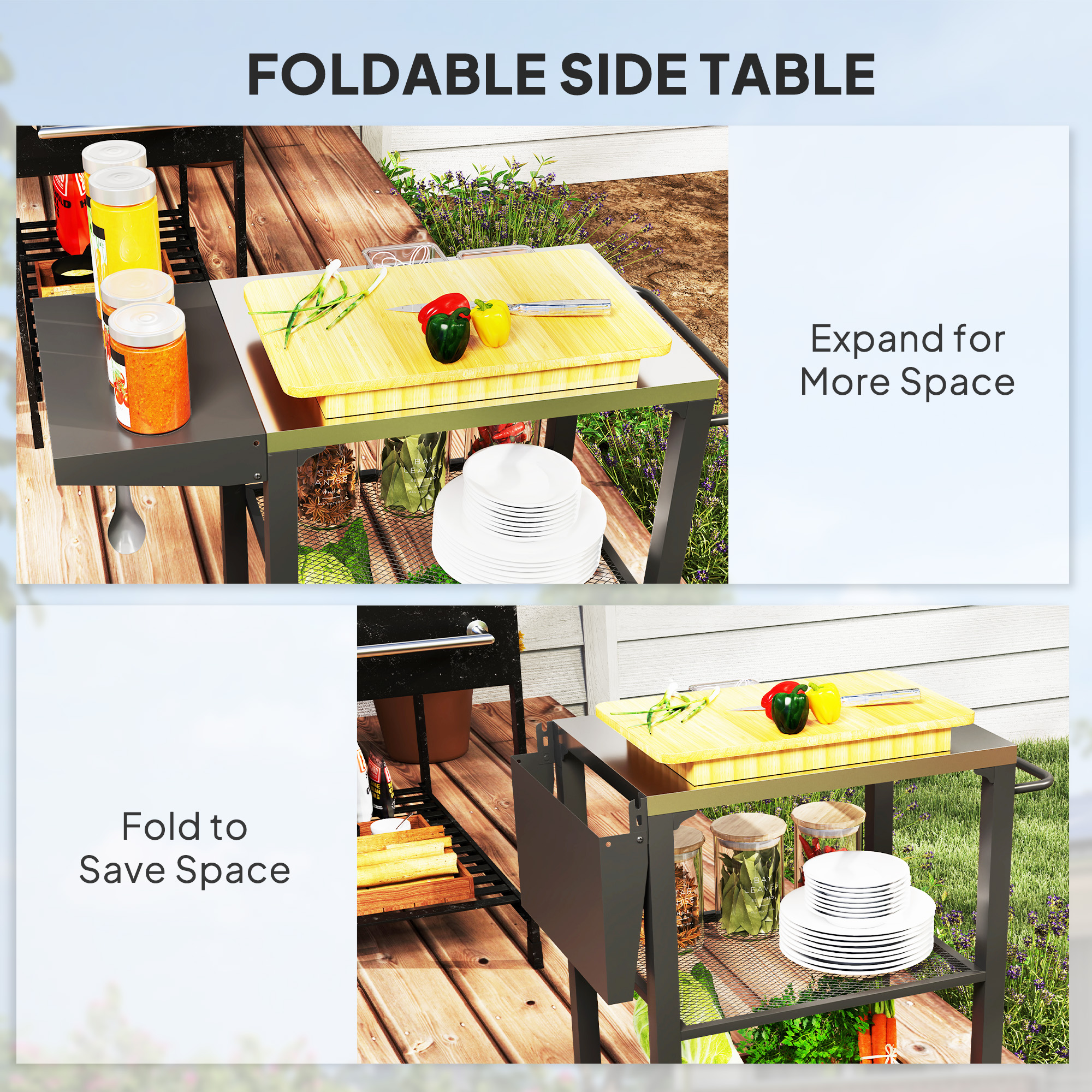 Outdoor Grill Cart w/ Foldable Side Table, 3-Tier Pizza Oven Stand w/ Stainless Steel Tabletop, Hooks, Wheels - Image 3
