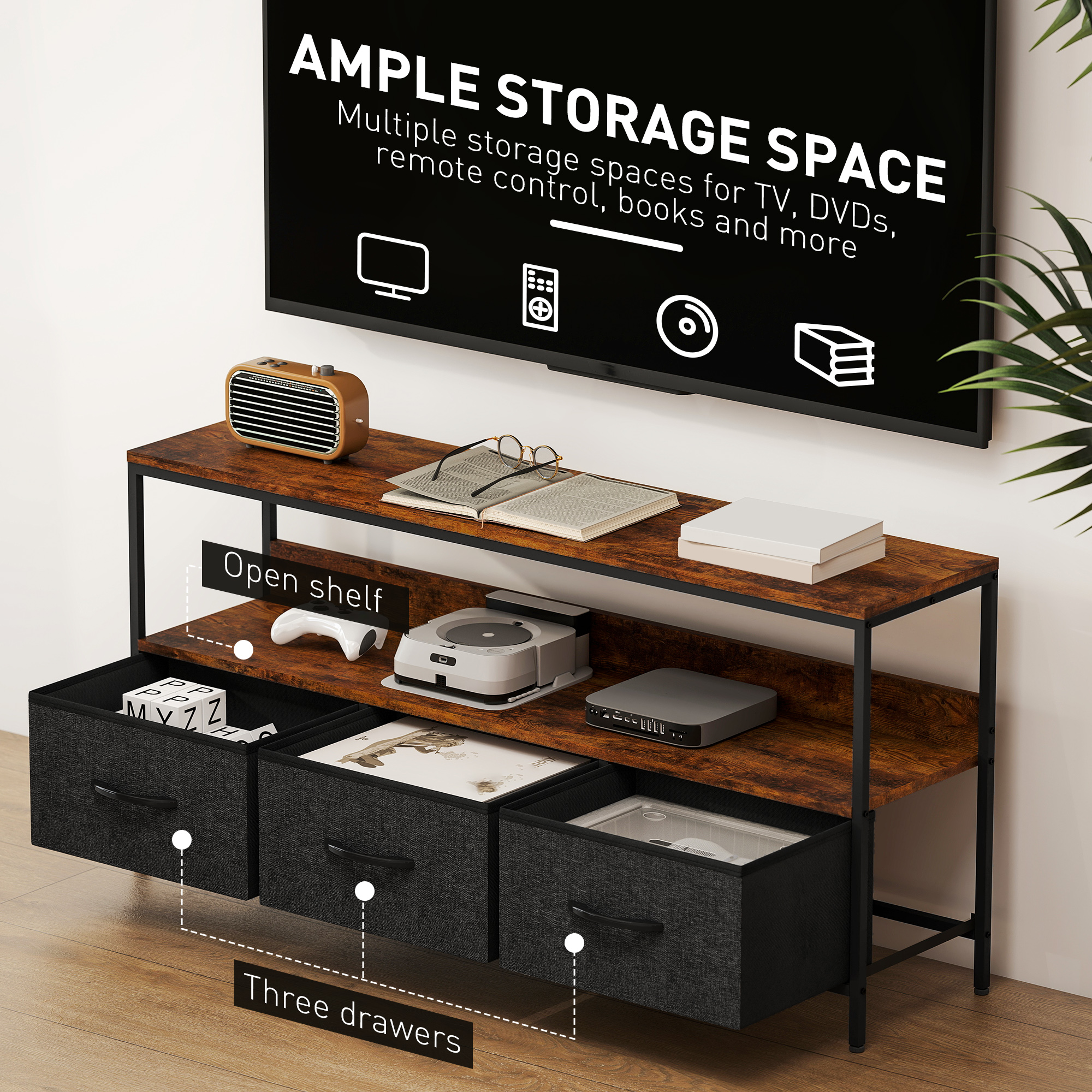 TV Stand with Charging Station, TV Table with 3 Foldable Linen Drawers and Open Shelf for 55 Inch Television, Rustic Brown - Image 3