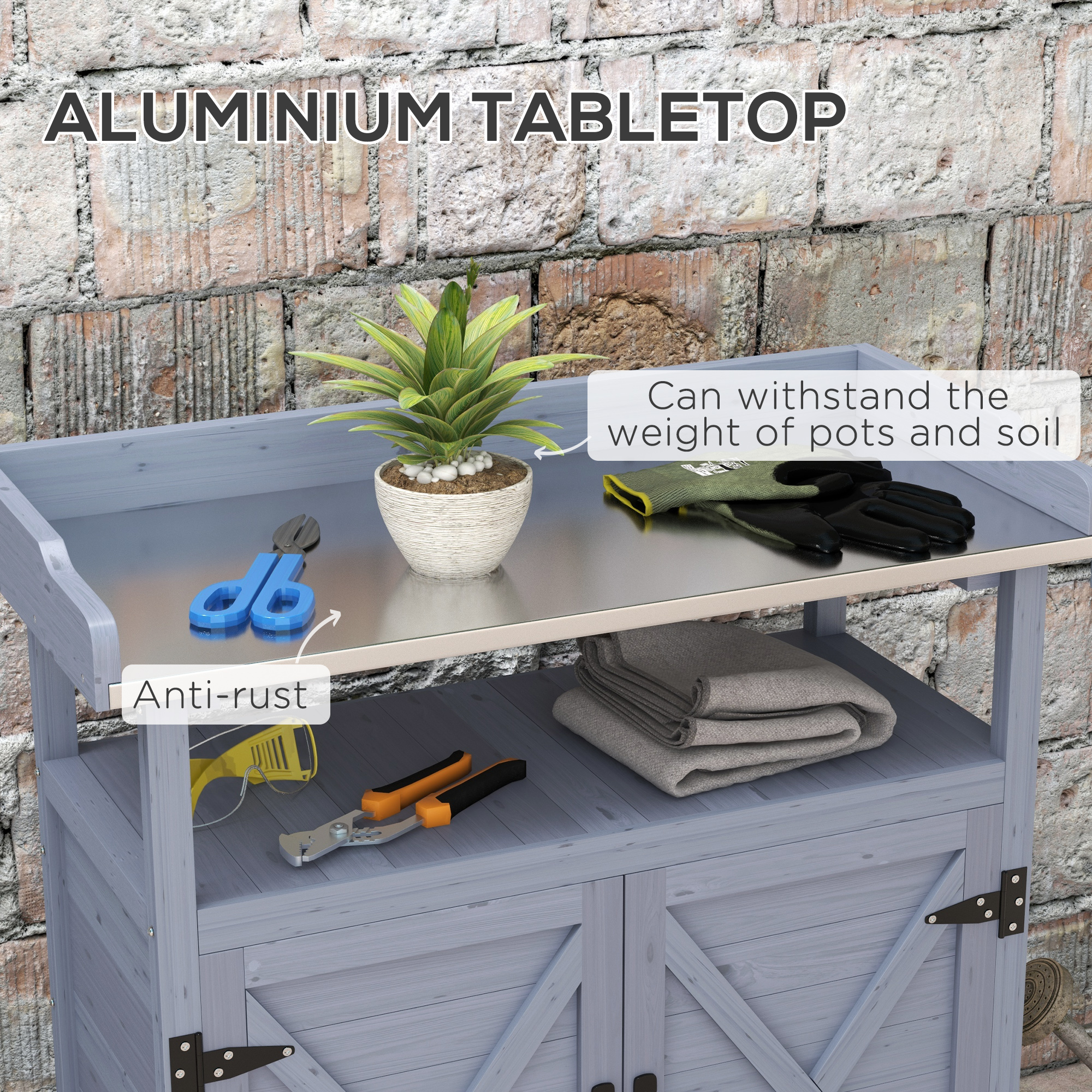 Outdoor Wooden Potting Bench with Storage Cabinet, Aluminum Tabletop, Rubber Wheels for Backyard, Patio, Balcony, Grey - Image 2
