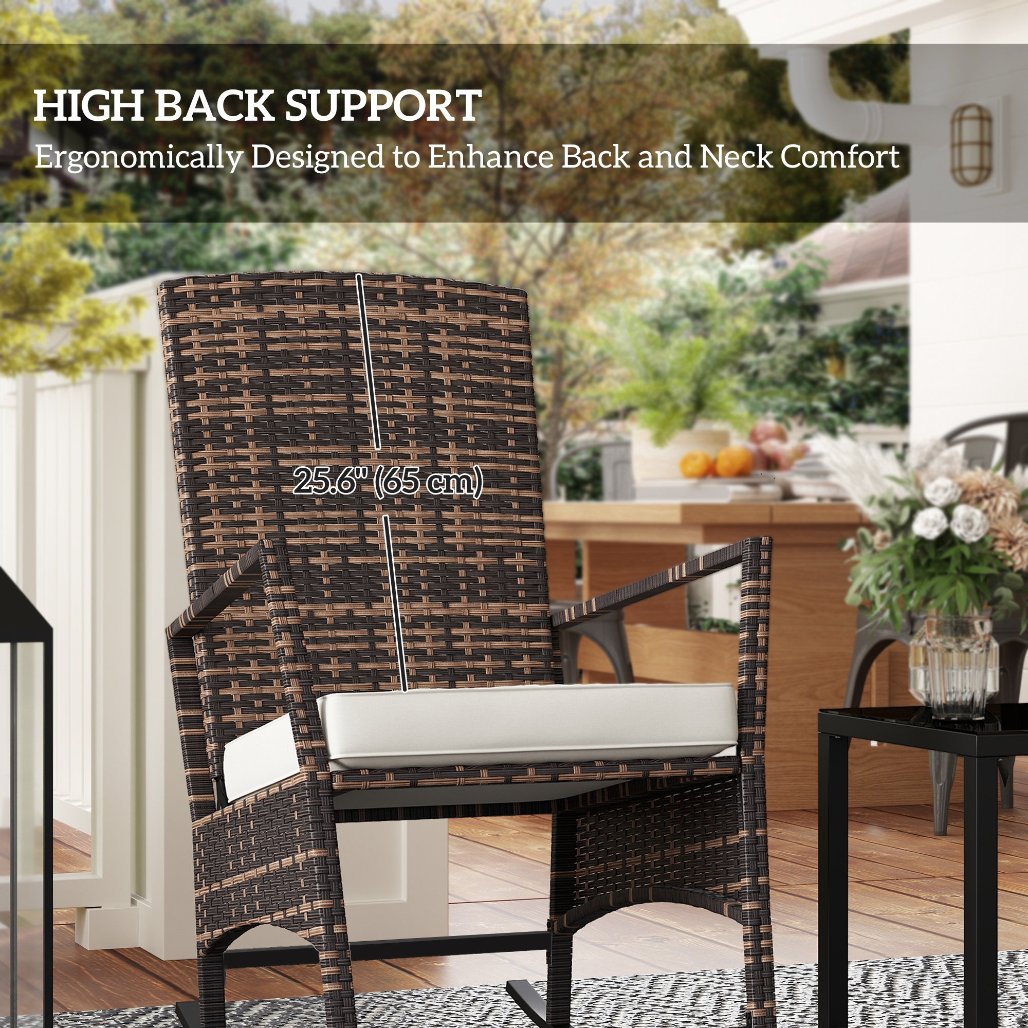 3 Piece Rocking Bistro Set, Wicker Patio Furniture with 3-Level Reclining High Back Rocking Chair and Glass Table, White - Image 4