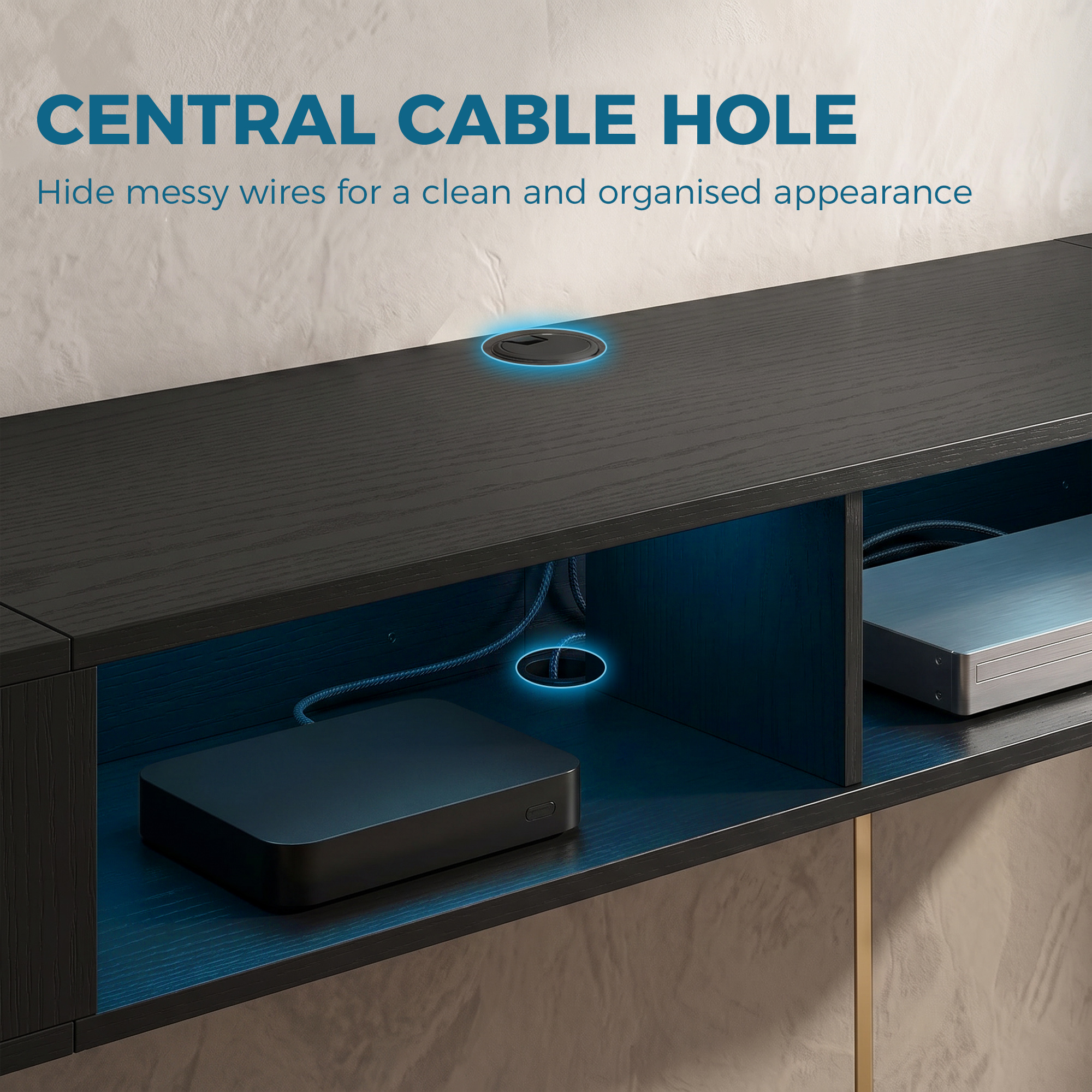 TV Stand with RGB LED Lights, Entertainment Center with Open Shelves for 75 Inch TV, Black Wood Grain - Image 5