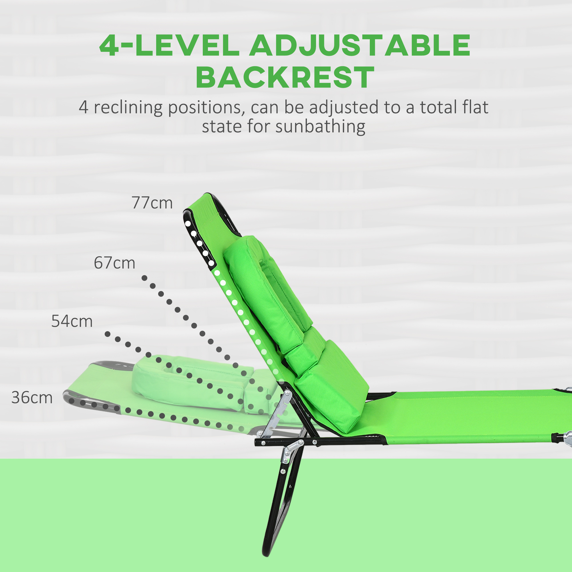 Folding Lounge Chair Set of 2, Reclining Beach Tanning Chair with Face Hole, Pillow, 4-Position Adjustable Flat Sun Lounger, Steel Frame for Outdoor Patio Pool, Green - Image 2