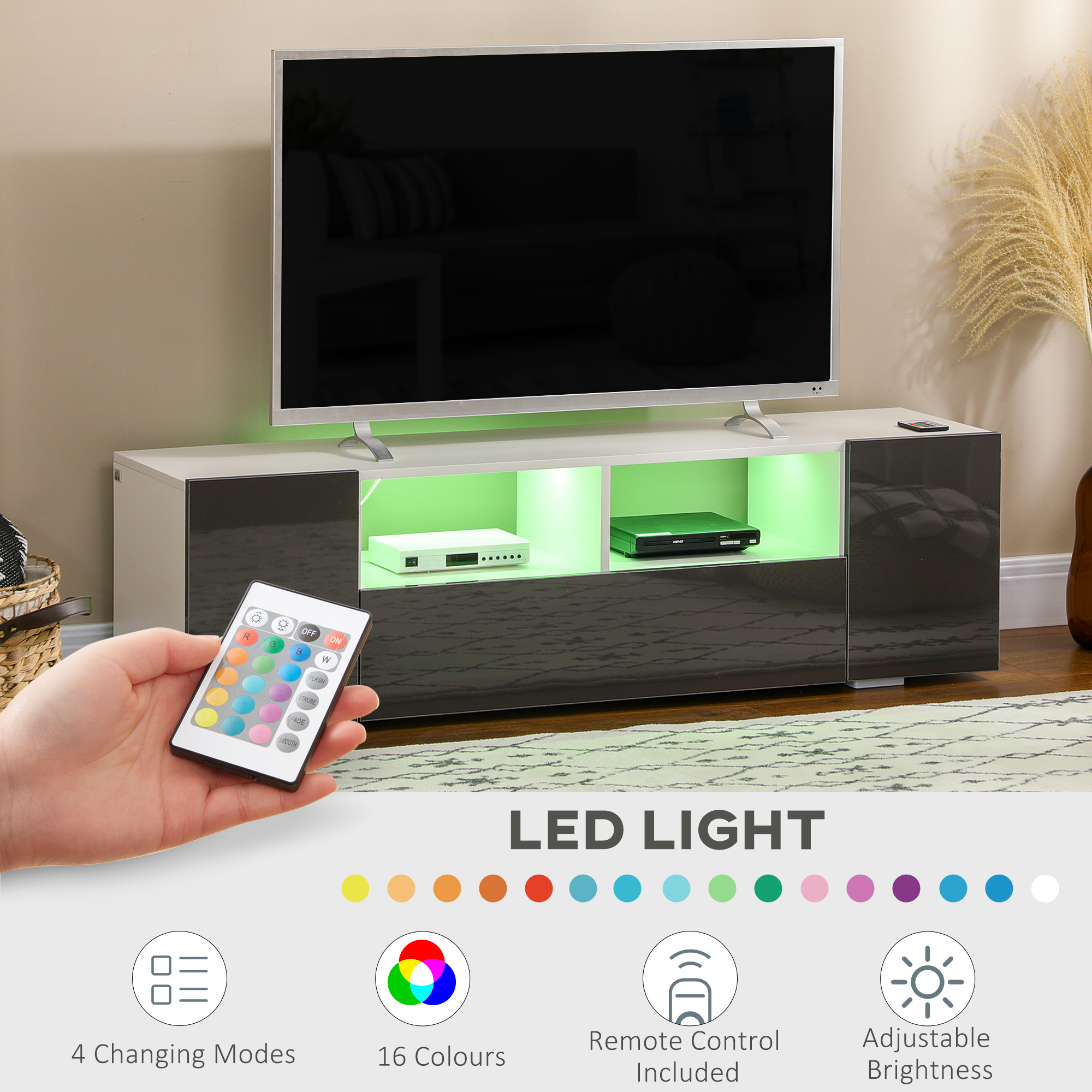 TV Stand for TVs up to 60", TV Unit with LED Lights, Storage Shelves and Cupboards, 53.9" x 13.8" x 16.5", Grey - Image 3