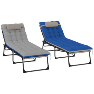 Outdoor Lounge Chair Set of 2, Folding Chaise Lounge Tanning Chair with Cushion, Side Pocket, Brown/Blue