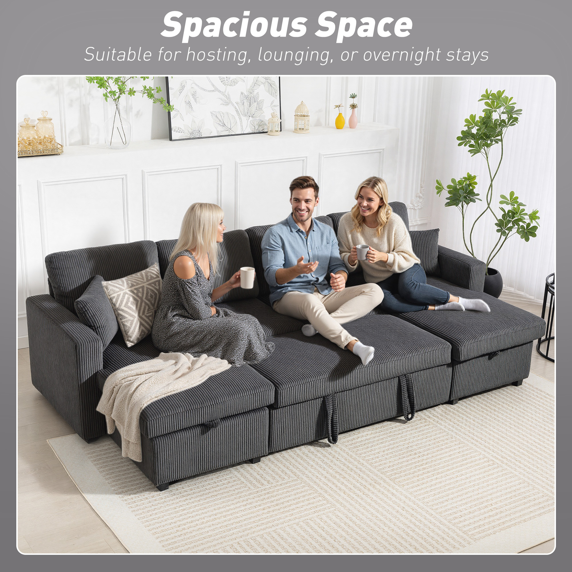 Convertible Sofa Bed, Corduroy U-Shaped Sleeper Sofa Couch with Storage Chaise, Pillows, Spring, Futon Couch, Grey - Image 3