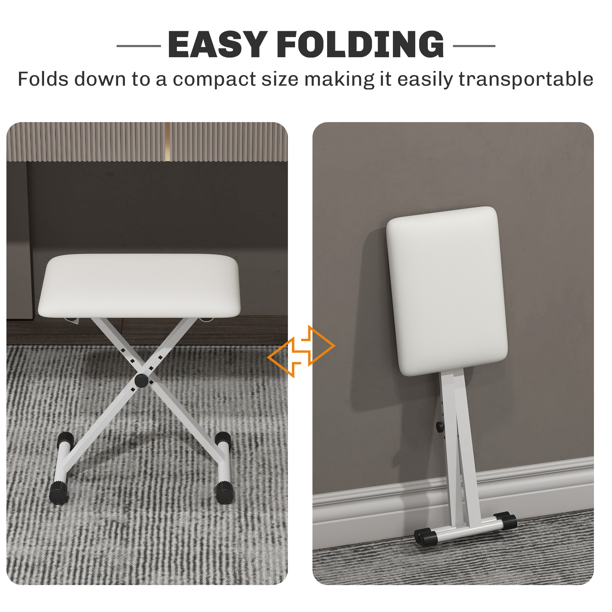 Adjustable Piano Bench, X-Style Folding Piano Stool with Padded Seat, Non-Slip Rubber Feet, Keyboard Chair, White - Image 4