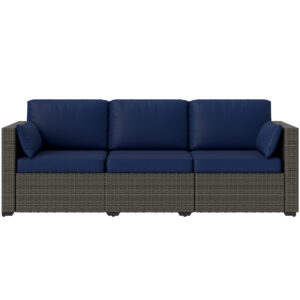 3-Seater Outdoor Sofa with Cushions, PE Rattan Conversation Patio Couch with Pillows for Garden, Poolside, Blue/Brown